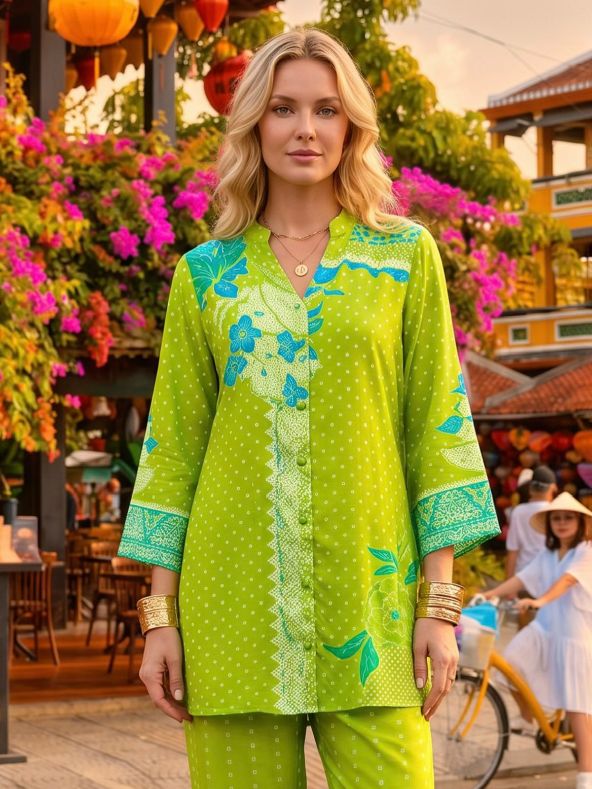 Lime green printed cotton silk co ord set