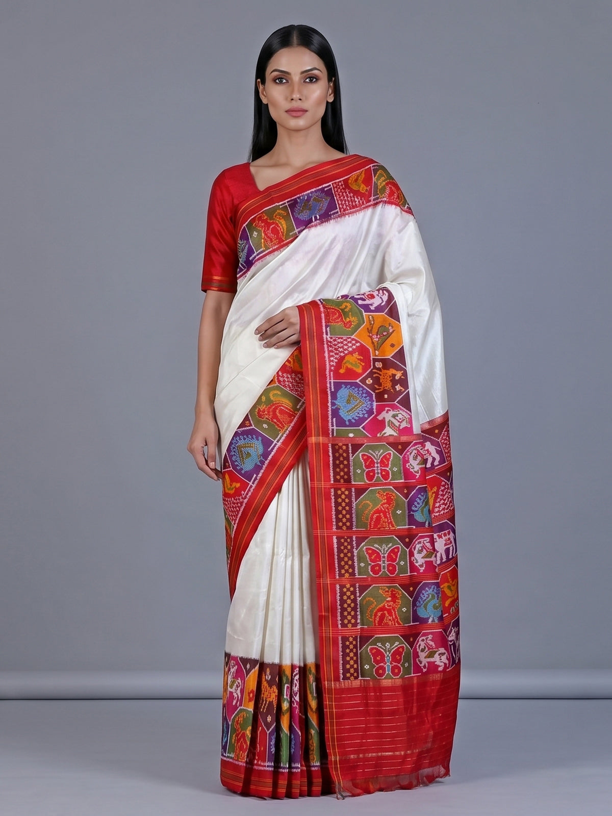 White pure patola silk saree with elephant bird motifs