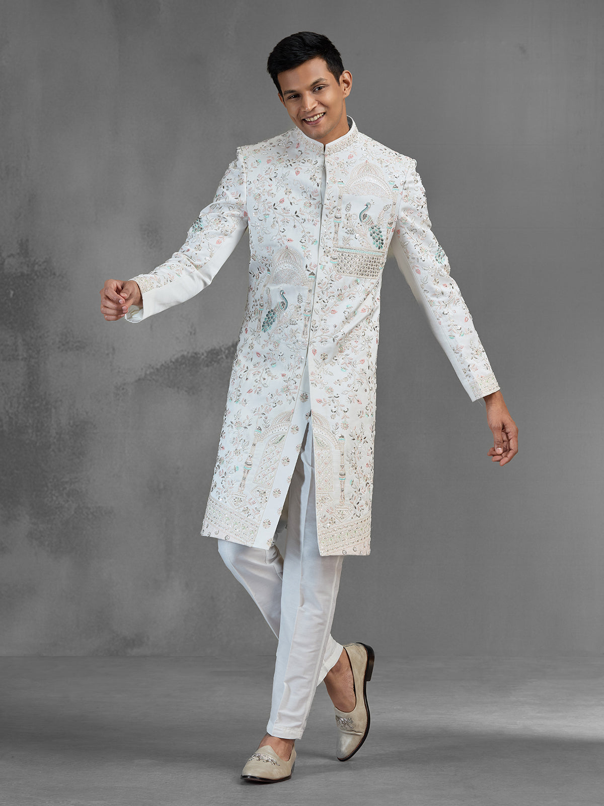 Off white chanderi silk sherwani with peacock motifs