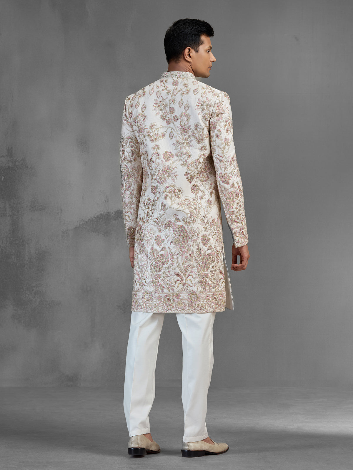 Light peach raw silk sherwani with garden embroidery