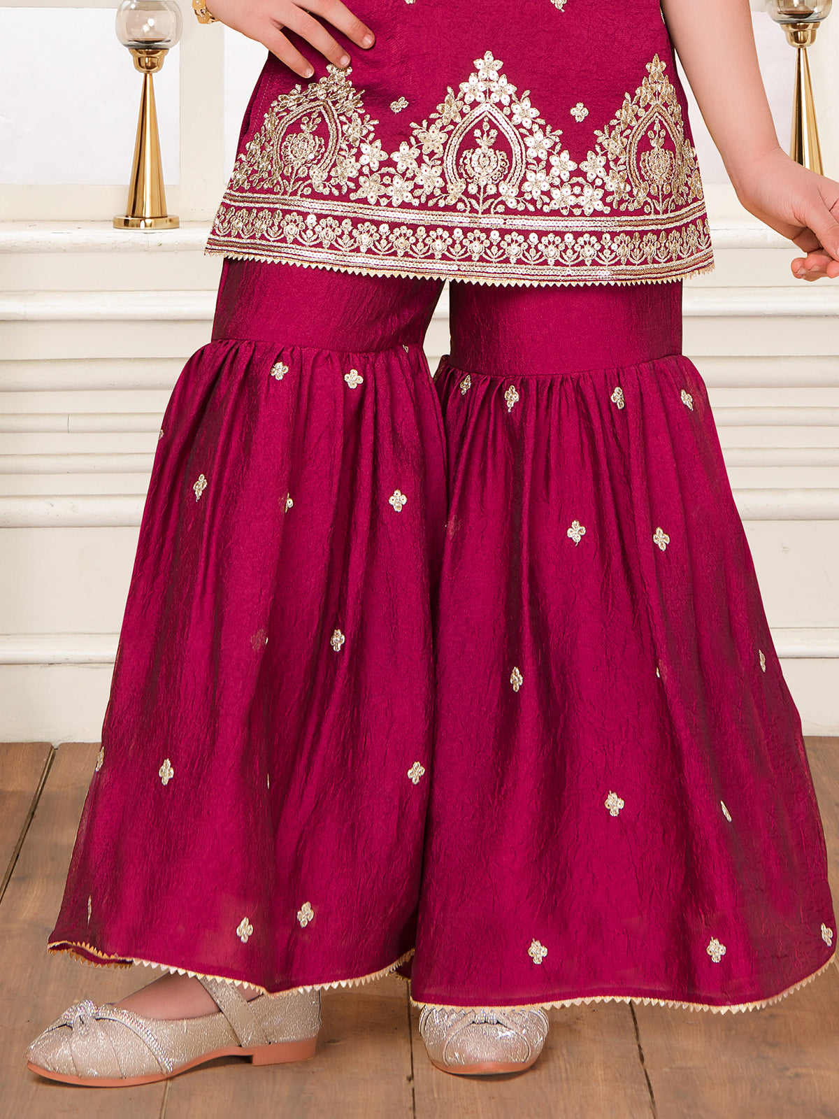 Wine silk pakistani style sharara suit for girls