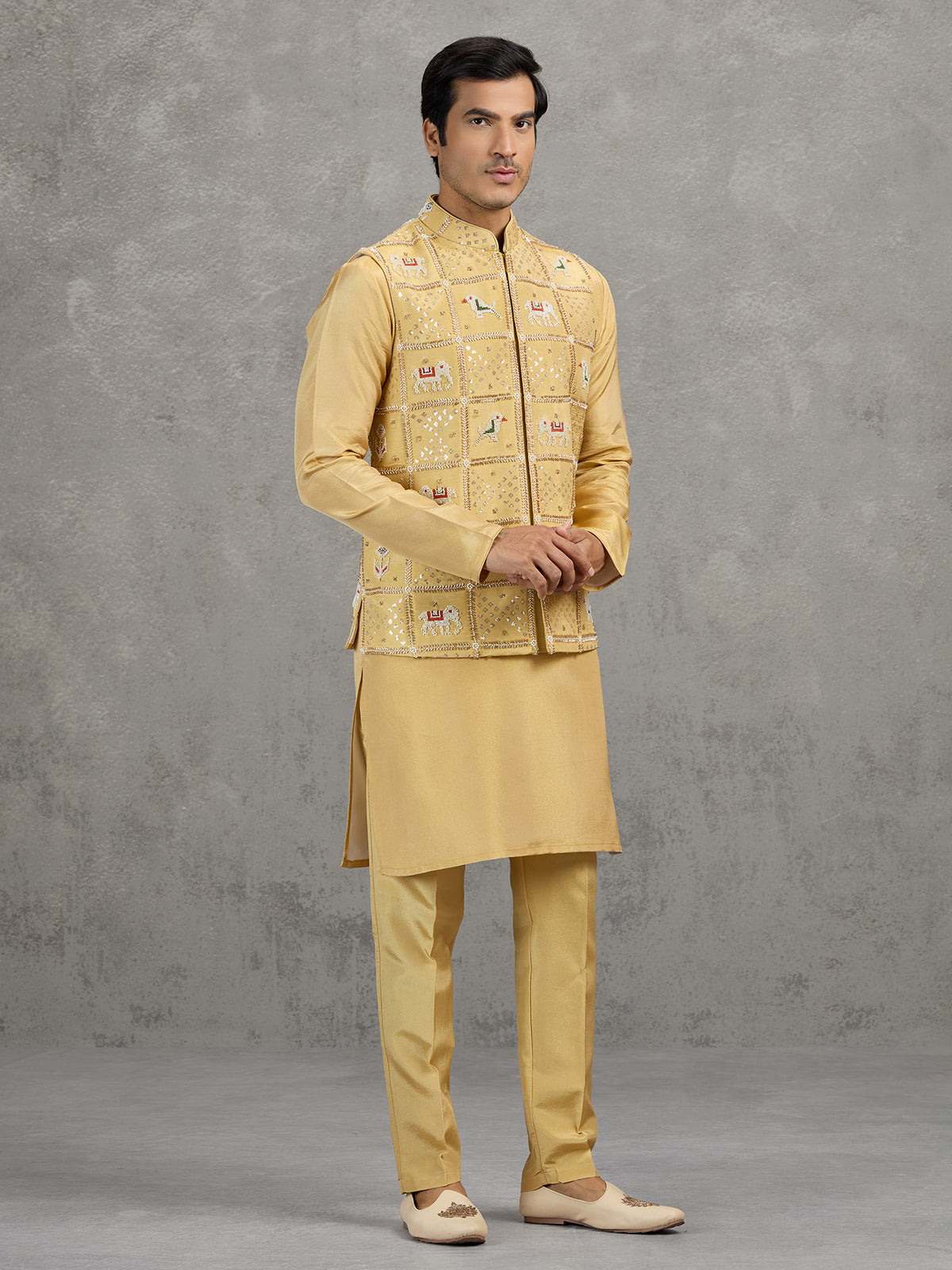 Yellow art silk embroidered waistcoat set