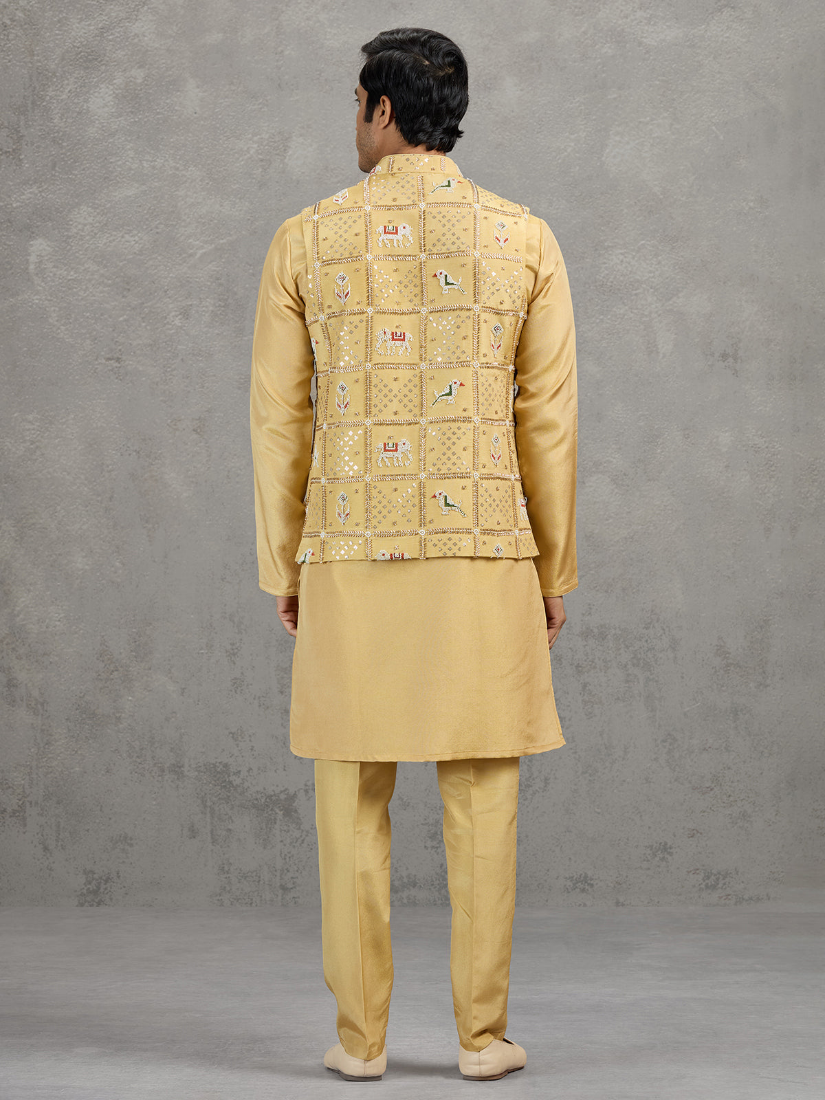 Yellow art silk embroidered waistcoat set