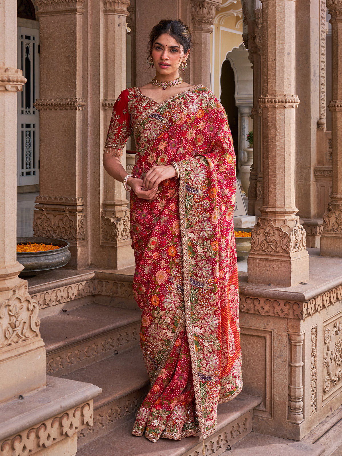 Fuchsia pink georgette saree with multicolor resham embroidery