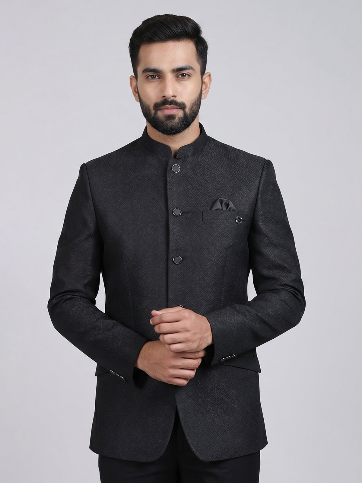 Black jacquard textured Jodhpuri blazer for men