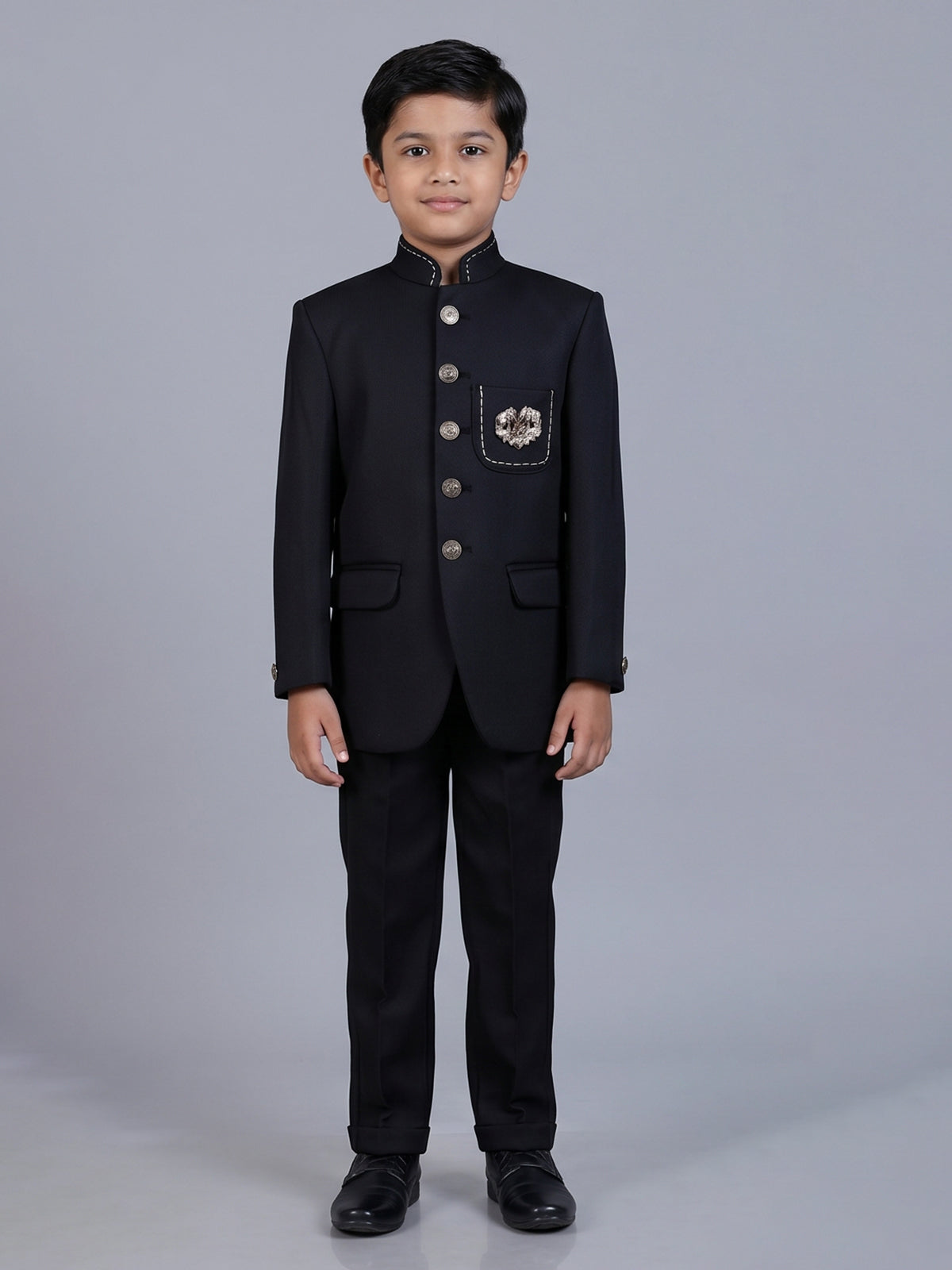 Black polyester viscose jodhpuri suit with brooch