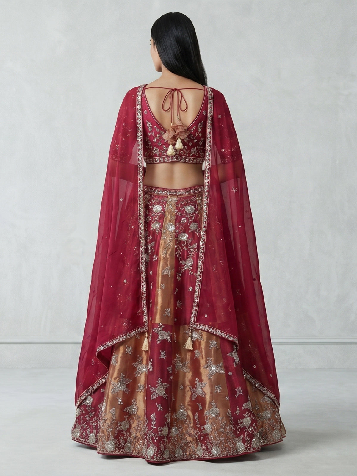 Magenta crepe silk lehenga choli with cutdana highlights