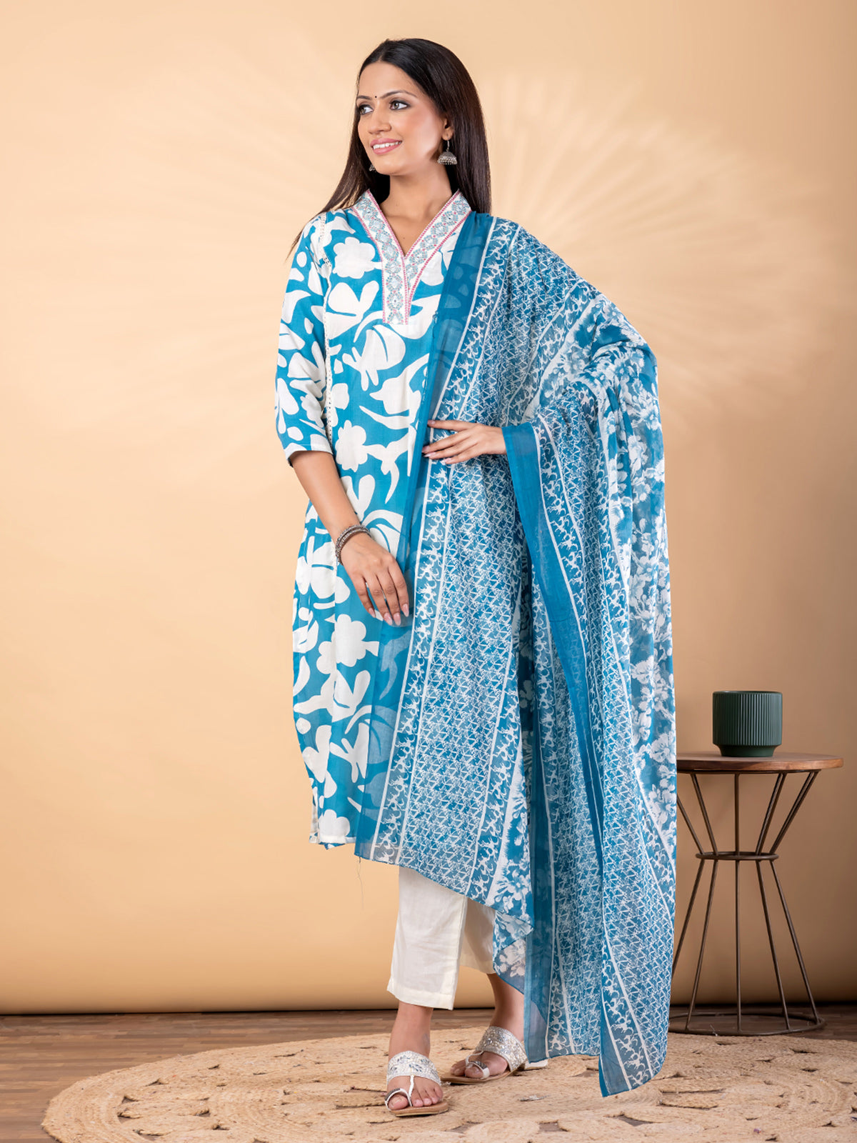 Blue cotton kurti set with printed dupatta