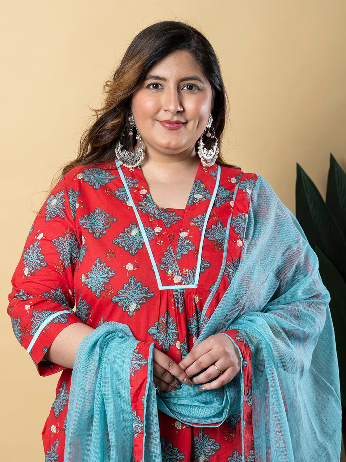 Red cotton printed kurti set for casuals