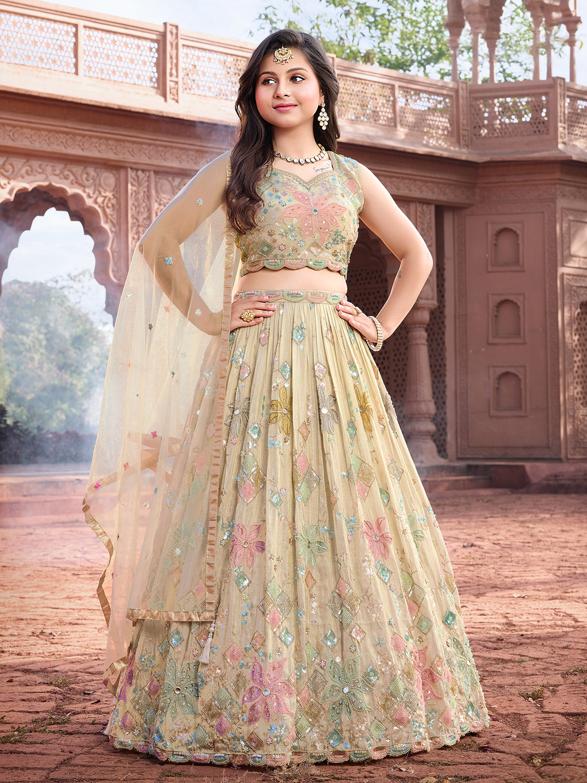 Cream silk wedding wear girls lehenga choli