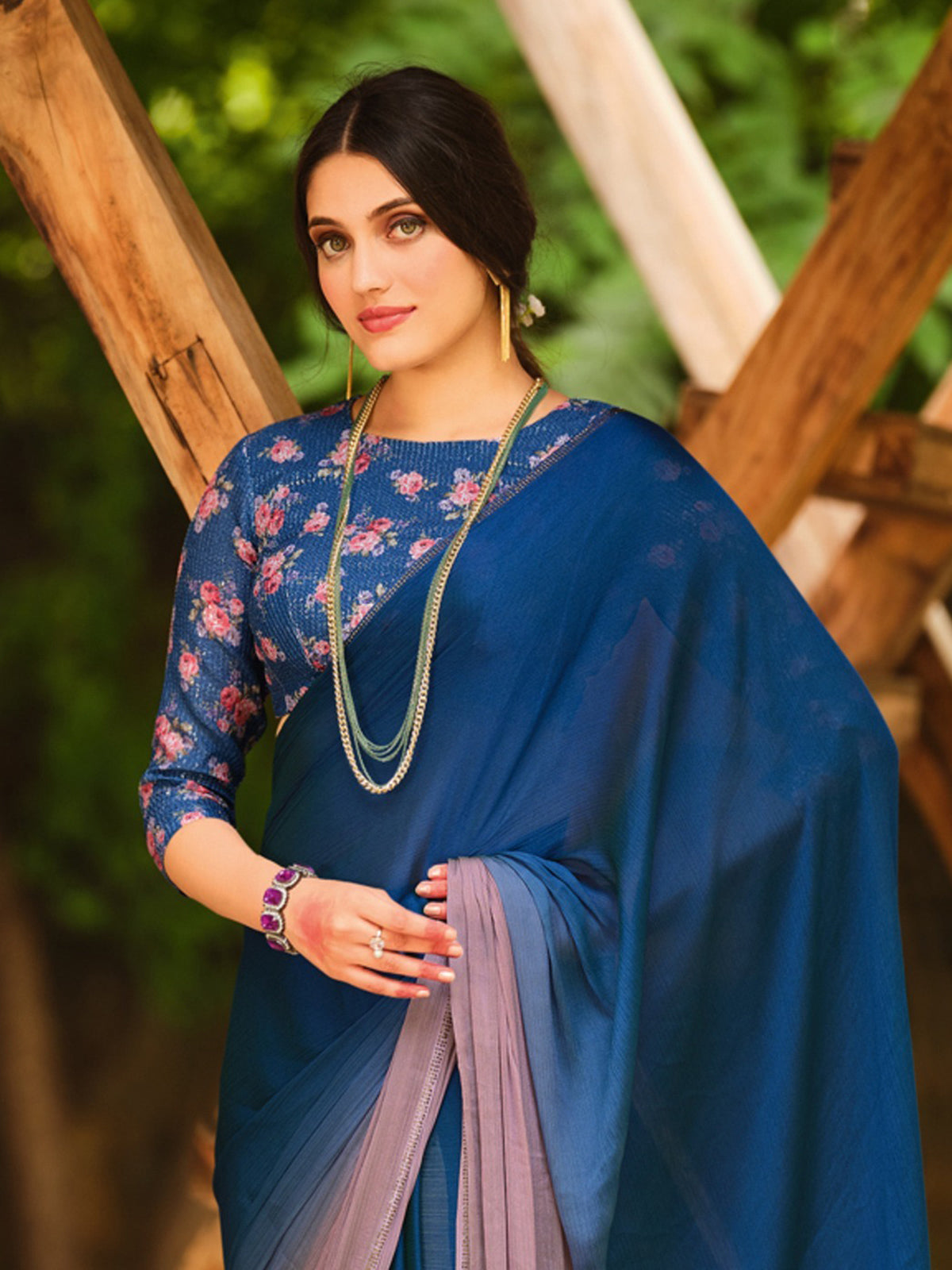Blue shaded velvet chiffon saree with stone detailing
