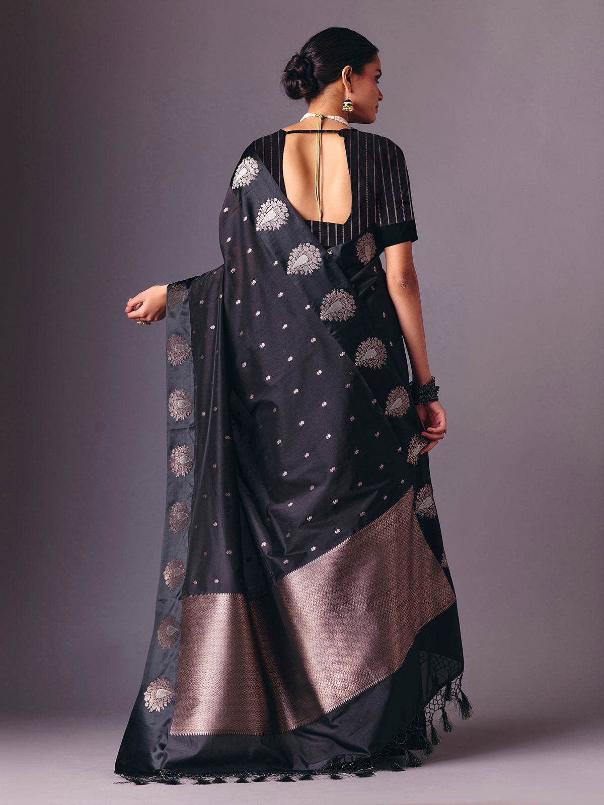 Black semi silk party wear zari work saree