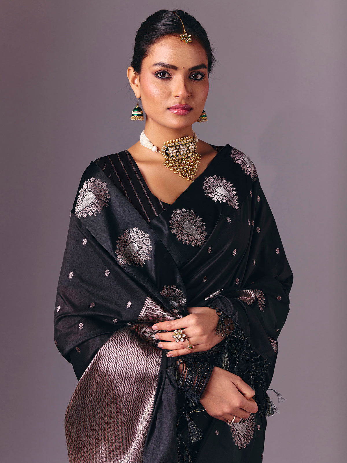 Black semi silk party wear zari work saree