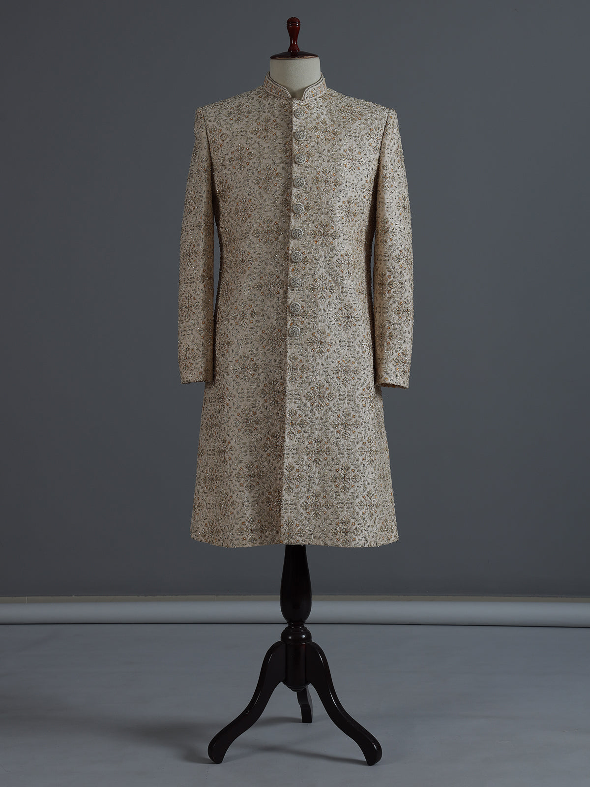 Beige silk sherwani with rich resham and zardosi accents