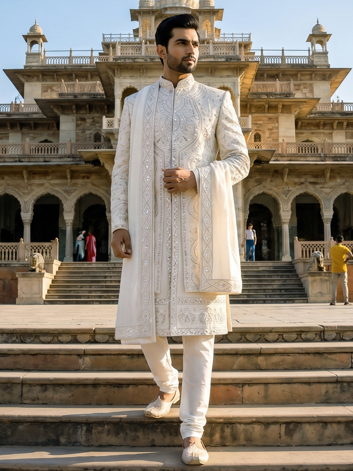 White raw silk sherwani with intricate embroidery and stone detailing