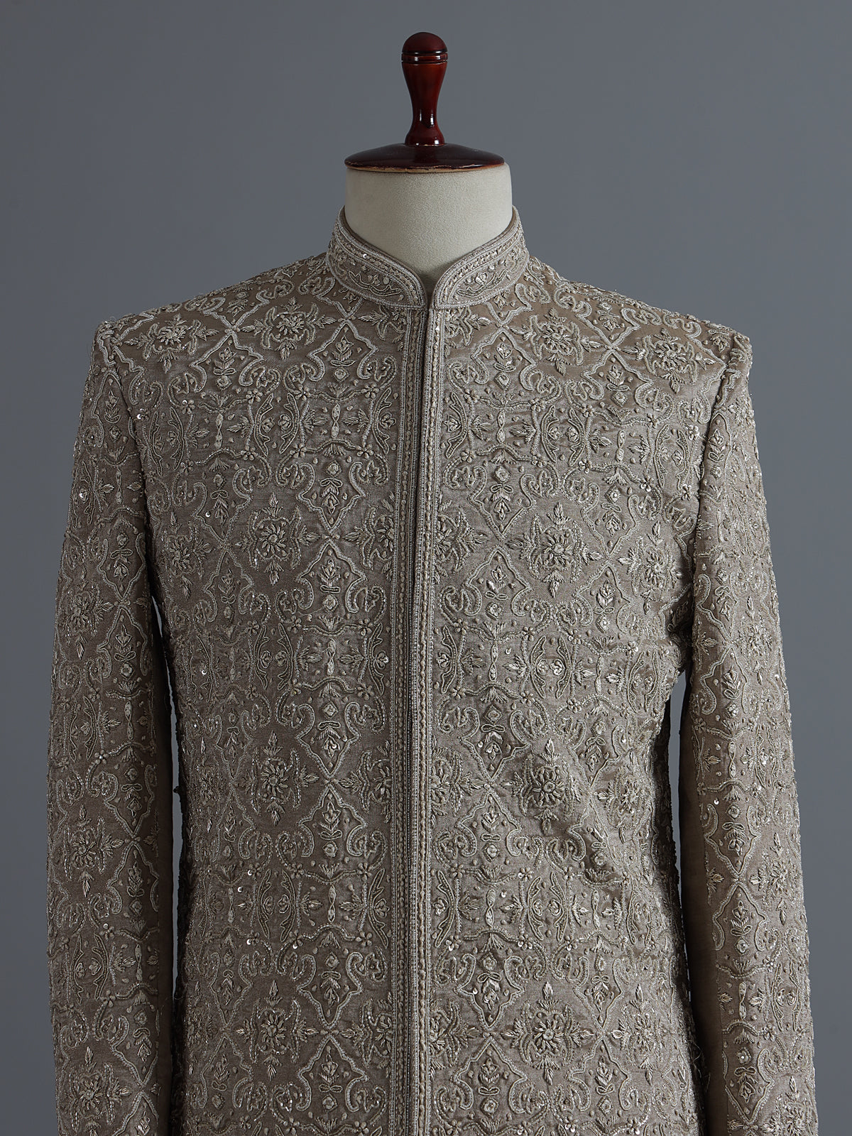 Beige silk sherwani with floral resham work and embroidered dupatta