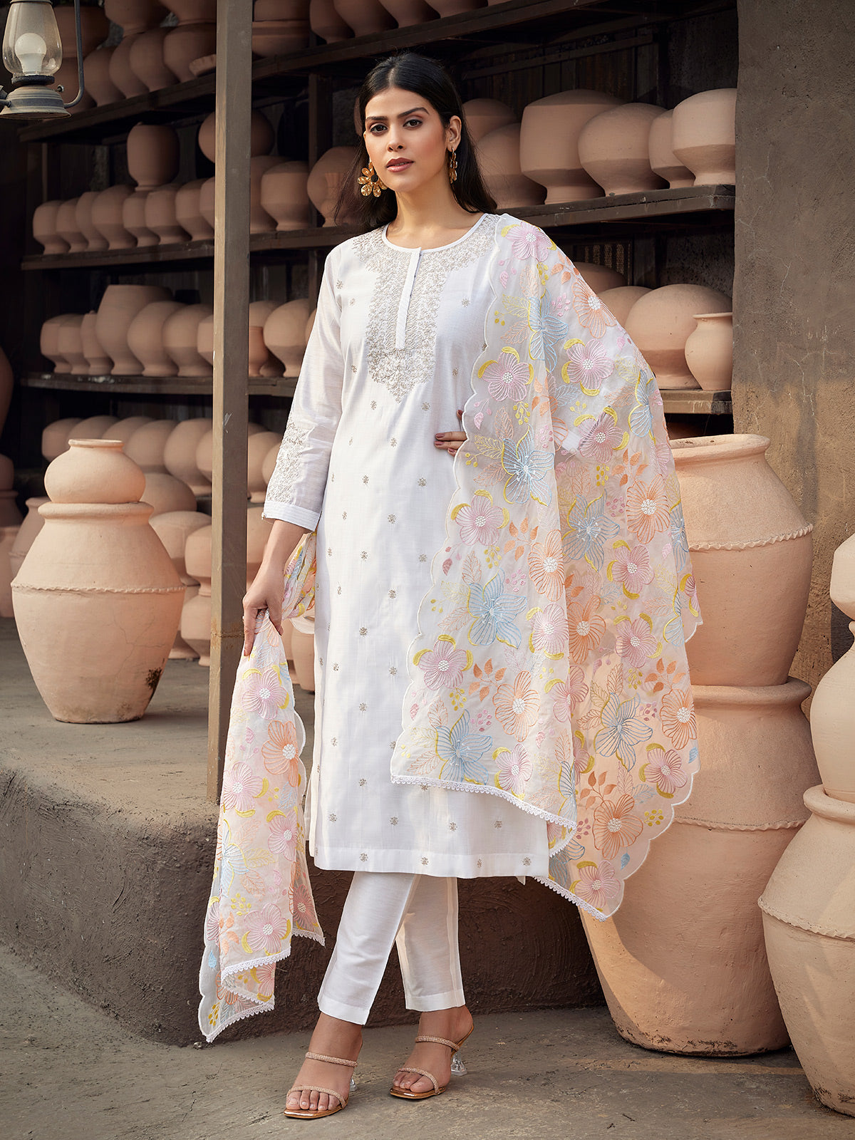 White tissue salwar suit with elegant embroidery