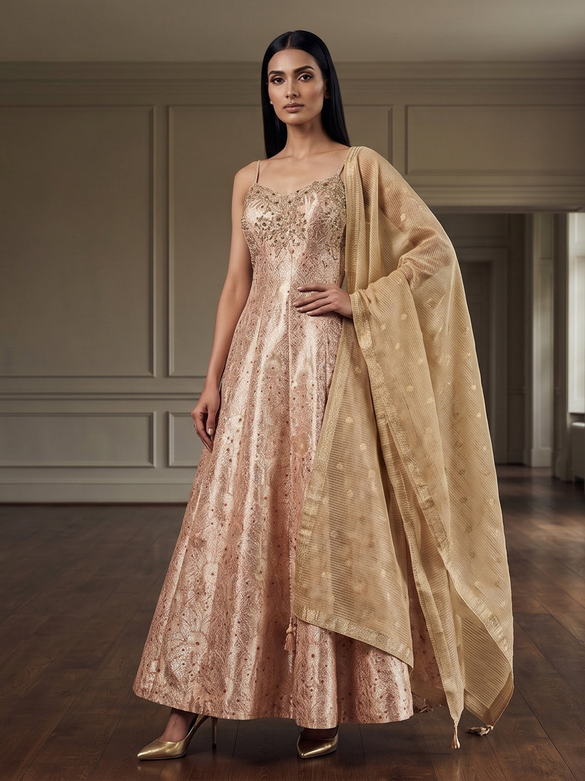 Peach brocade anarkali suit with zardosi zari elegance