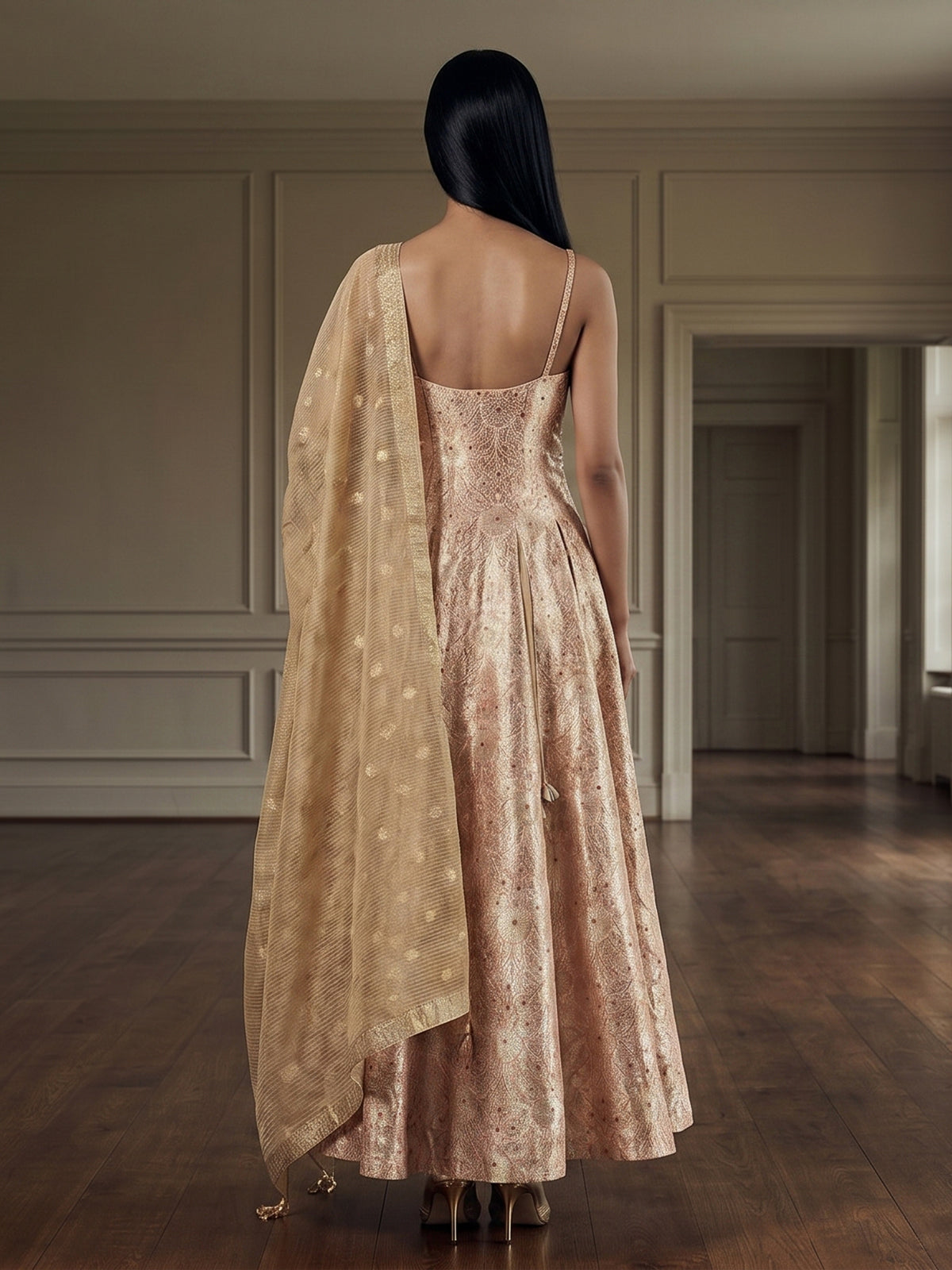 Peach brocade anarkali suit with zardosi zari elegance