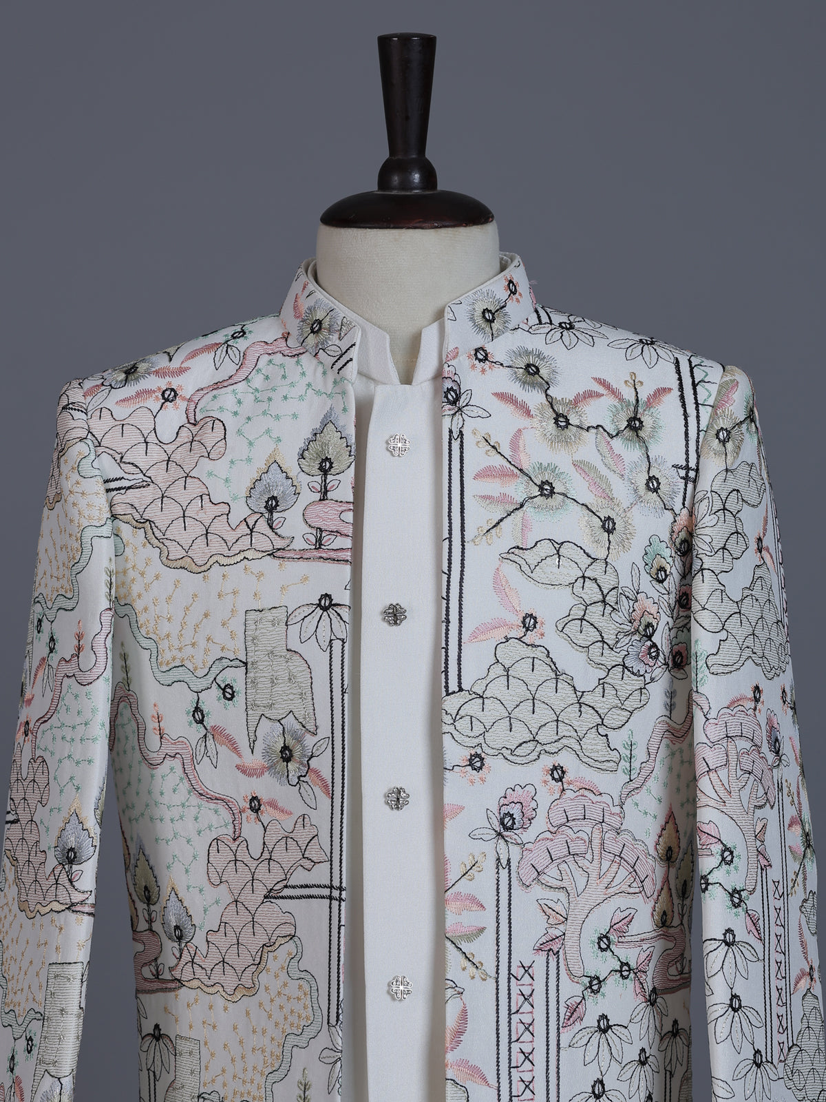 Off white terry rayon indowestern suit with thread embroidery