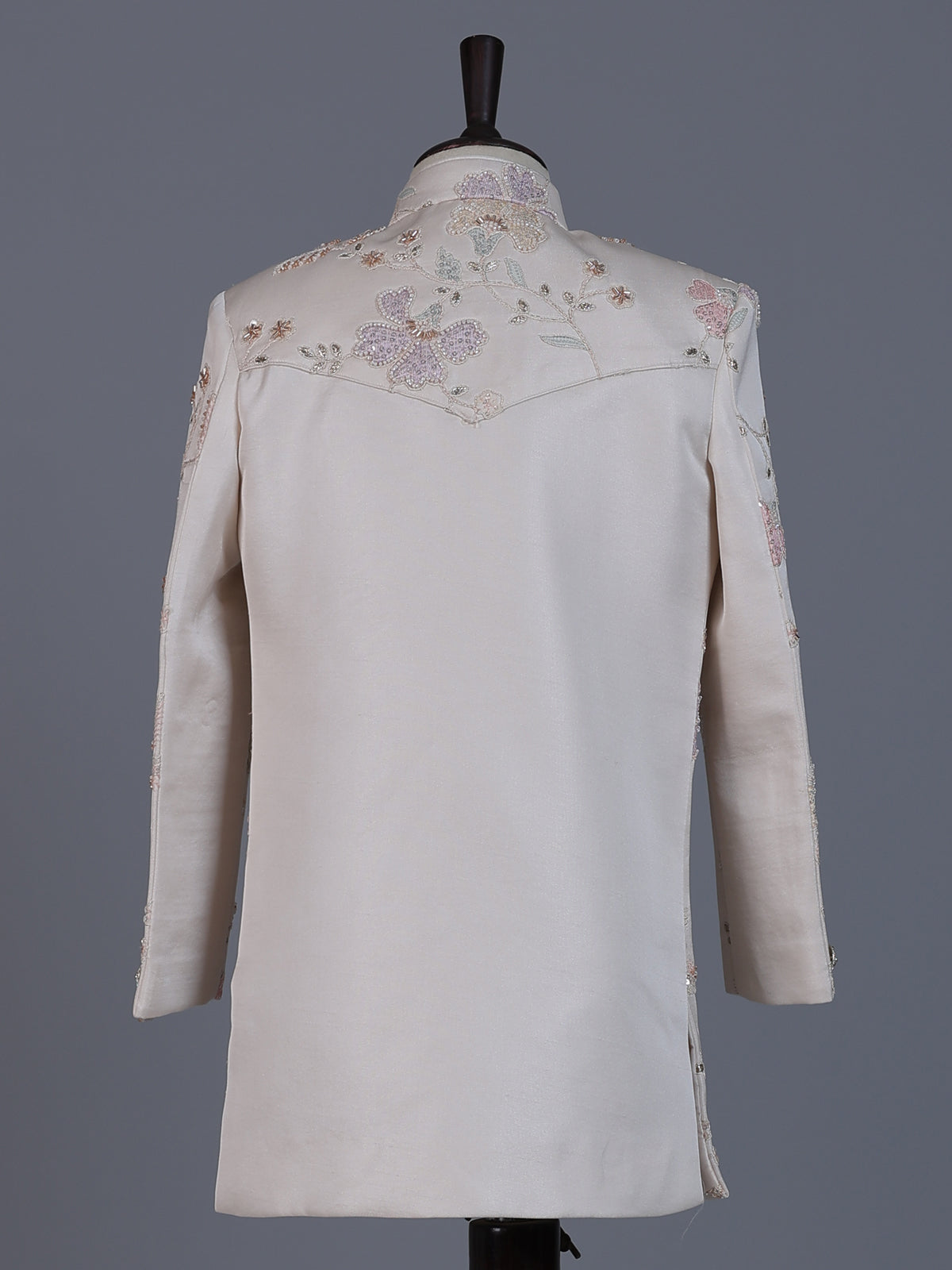 Cream silk blend indowestern suit with sequin embroidery