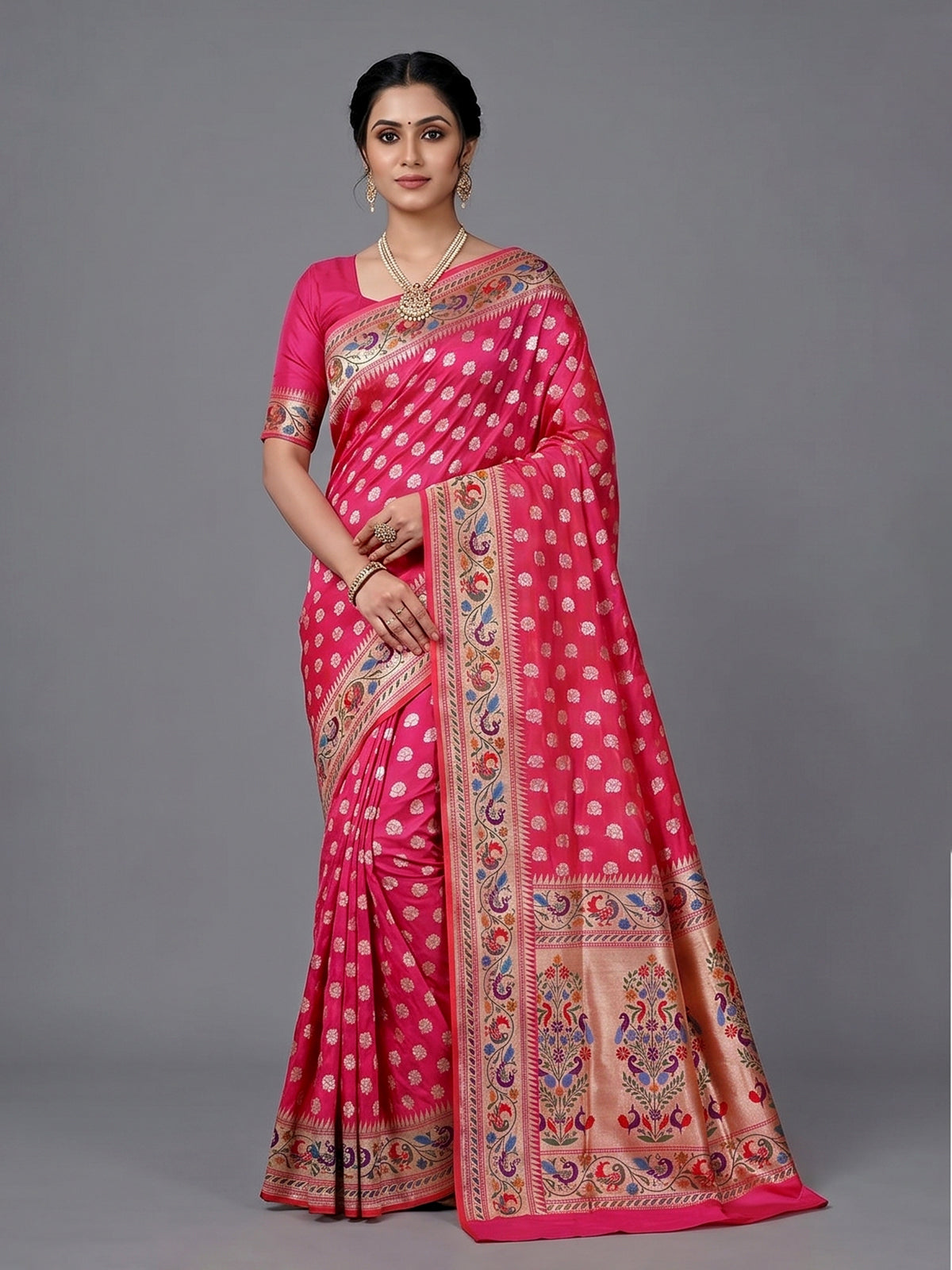 Vibrant rani pink pure banarasi silk grand festive saree
