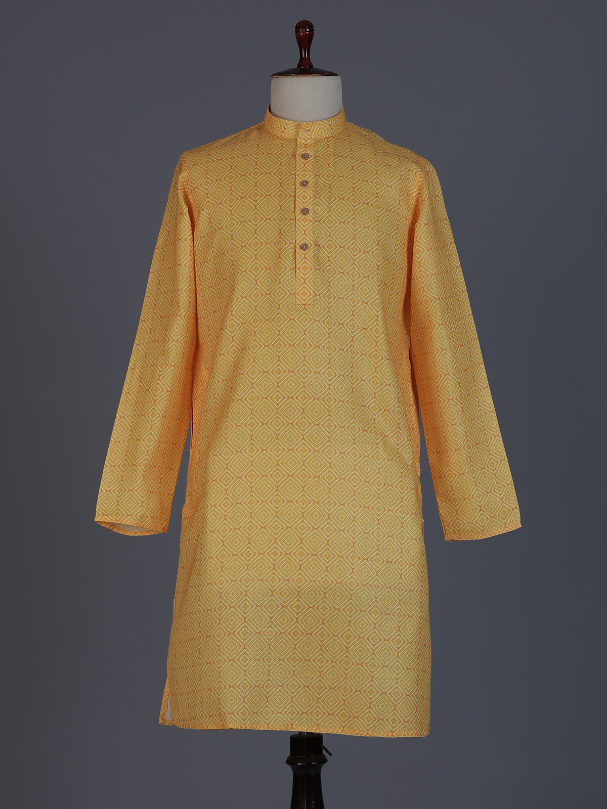 Yellow printed kurta suit in cotton silk for haldi