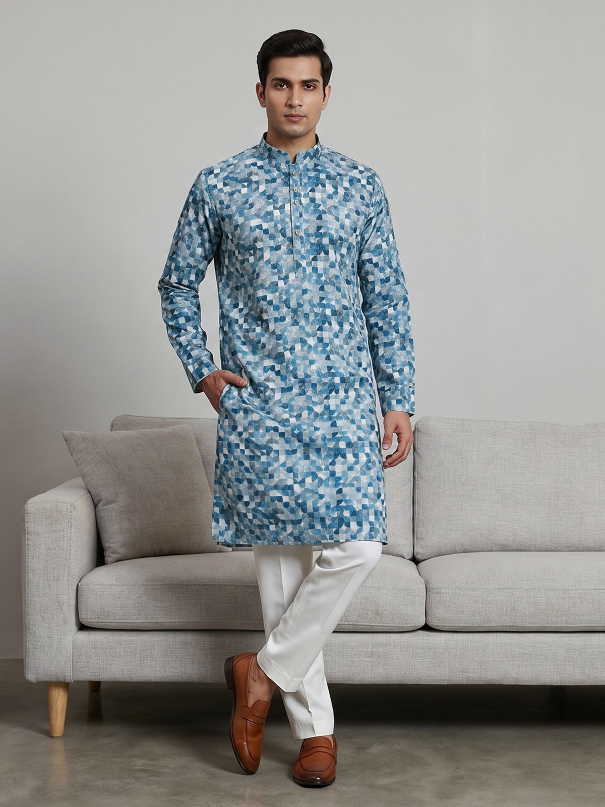 Blue cotton silk printed kurta suit for festivals