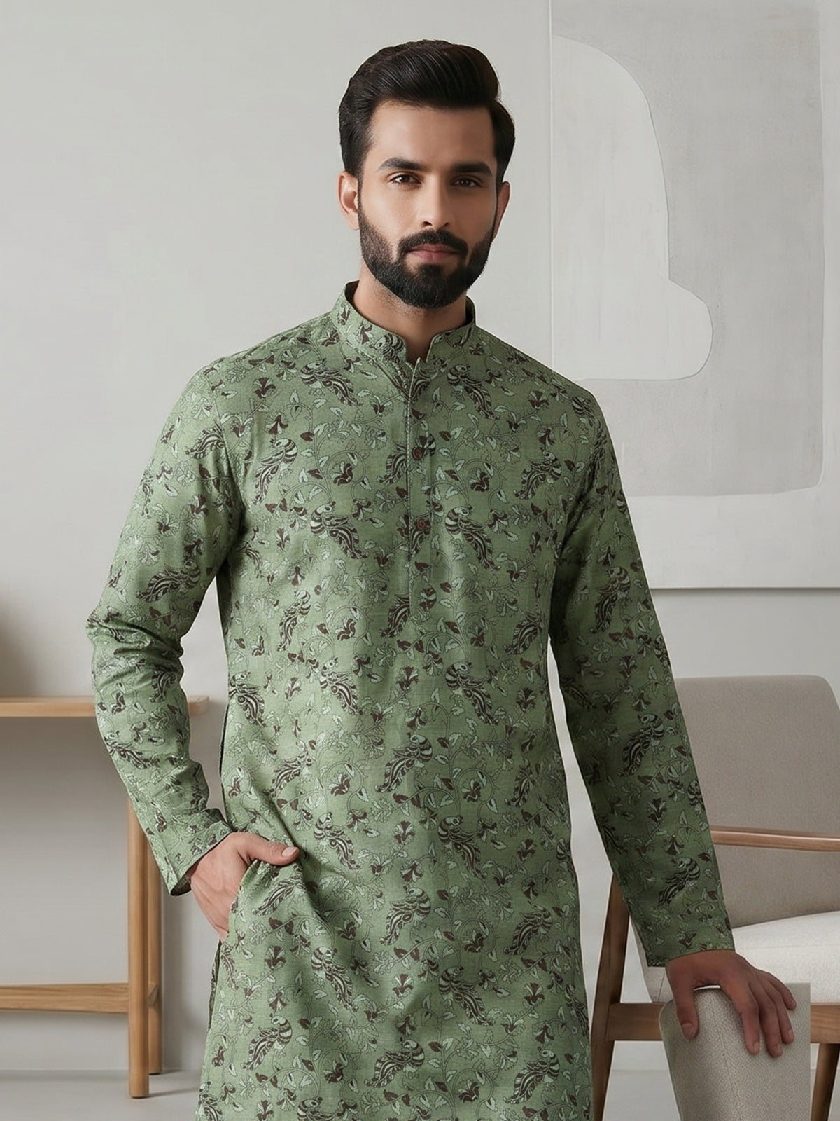 Green festive printed kurta suit in cotton