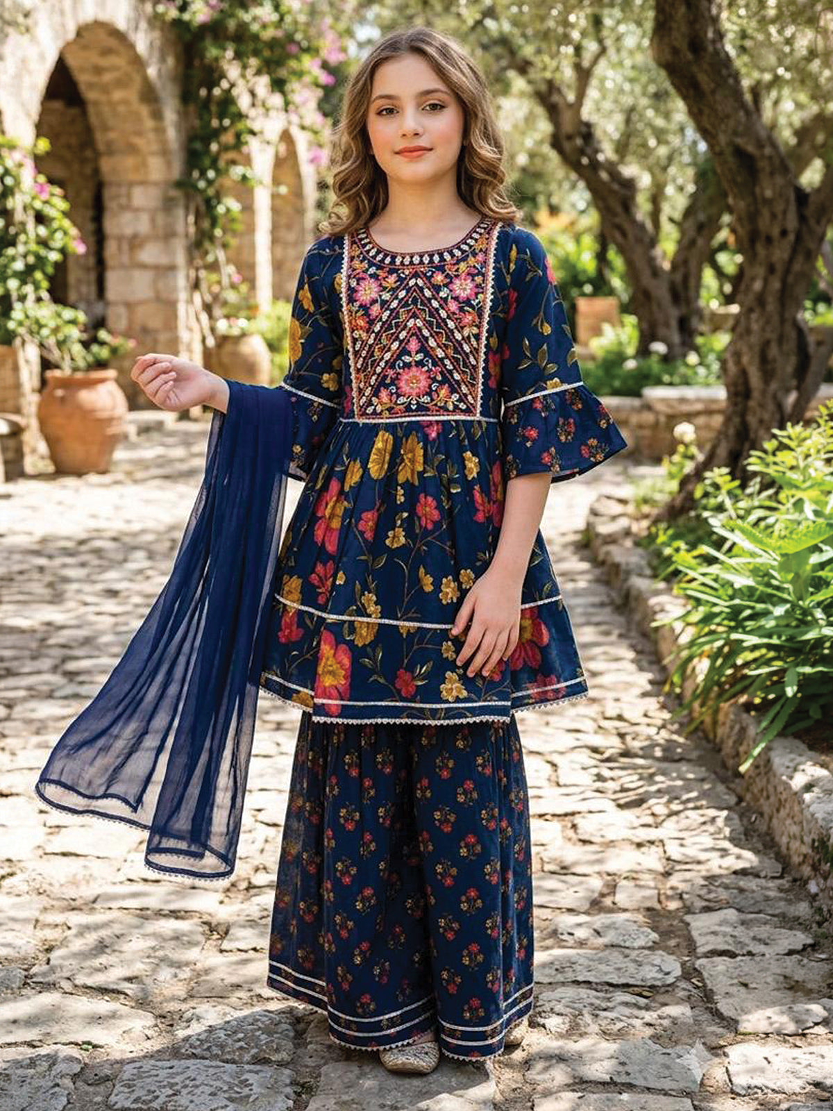 Blue cotton sharara suit with floral yoke pattern