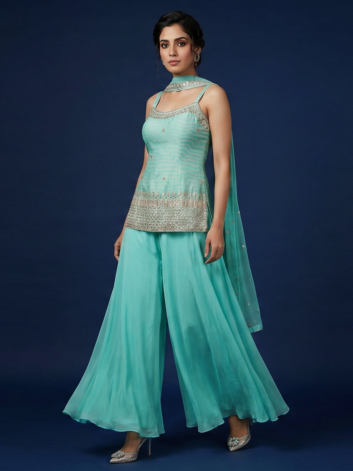 Aqua blue crepe silk palazzo suit with mirror work