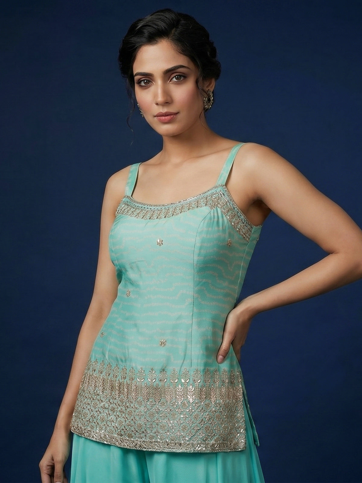 Aqua blue crepe silk palazzo suit with mirror work