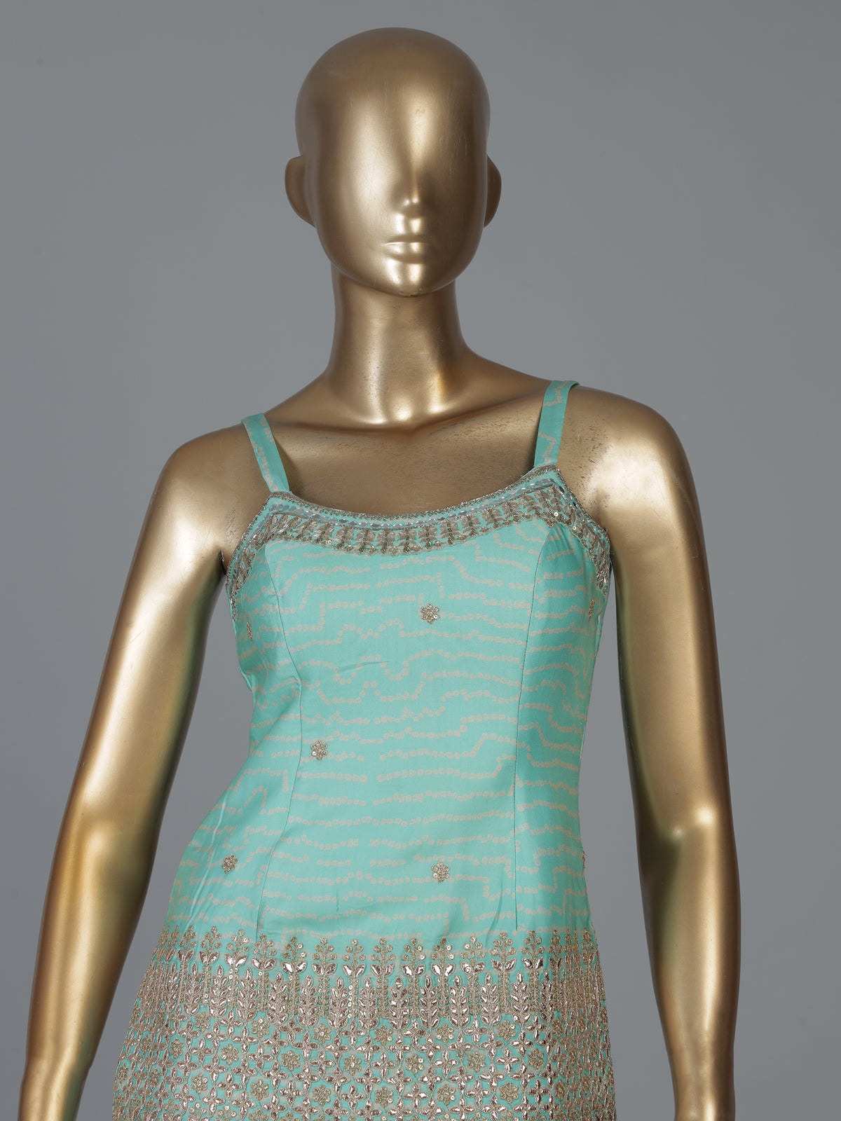 Aqua blue crepe silk palazzo suit with mirror work