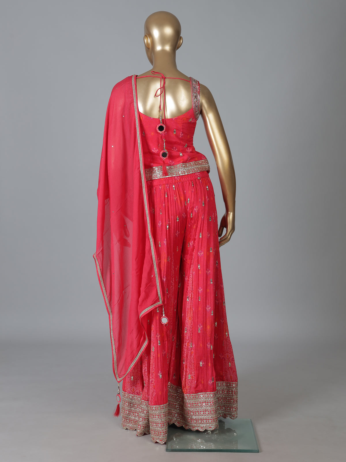 Pink silk designer palazzo suit with detailed work