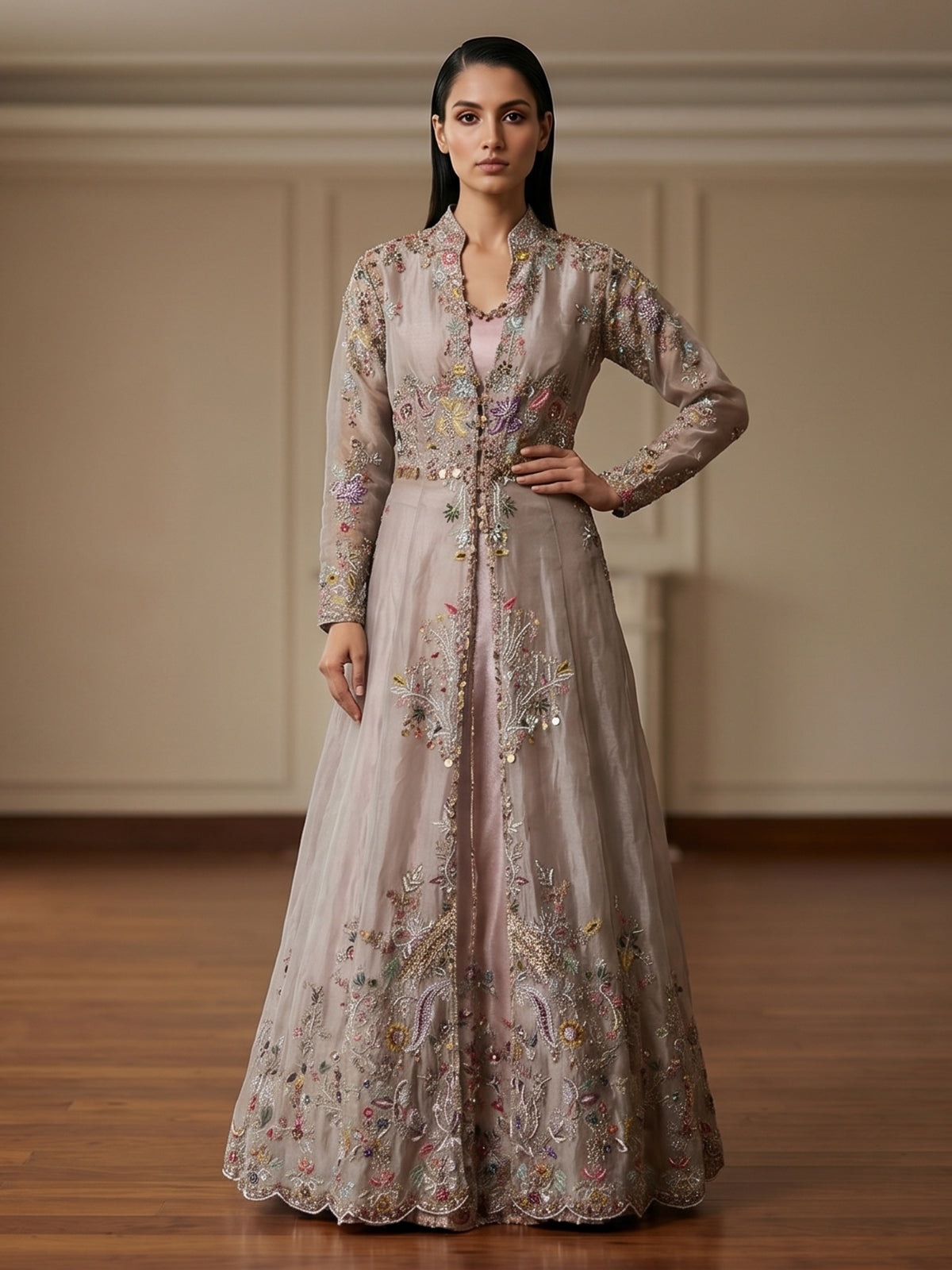Beige tissue silk long jacket style designer suit
