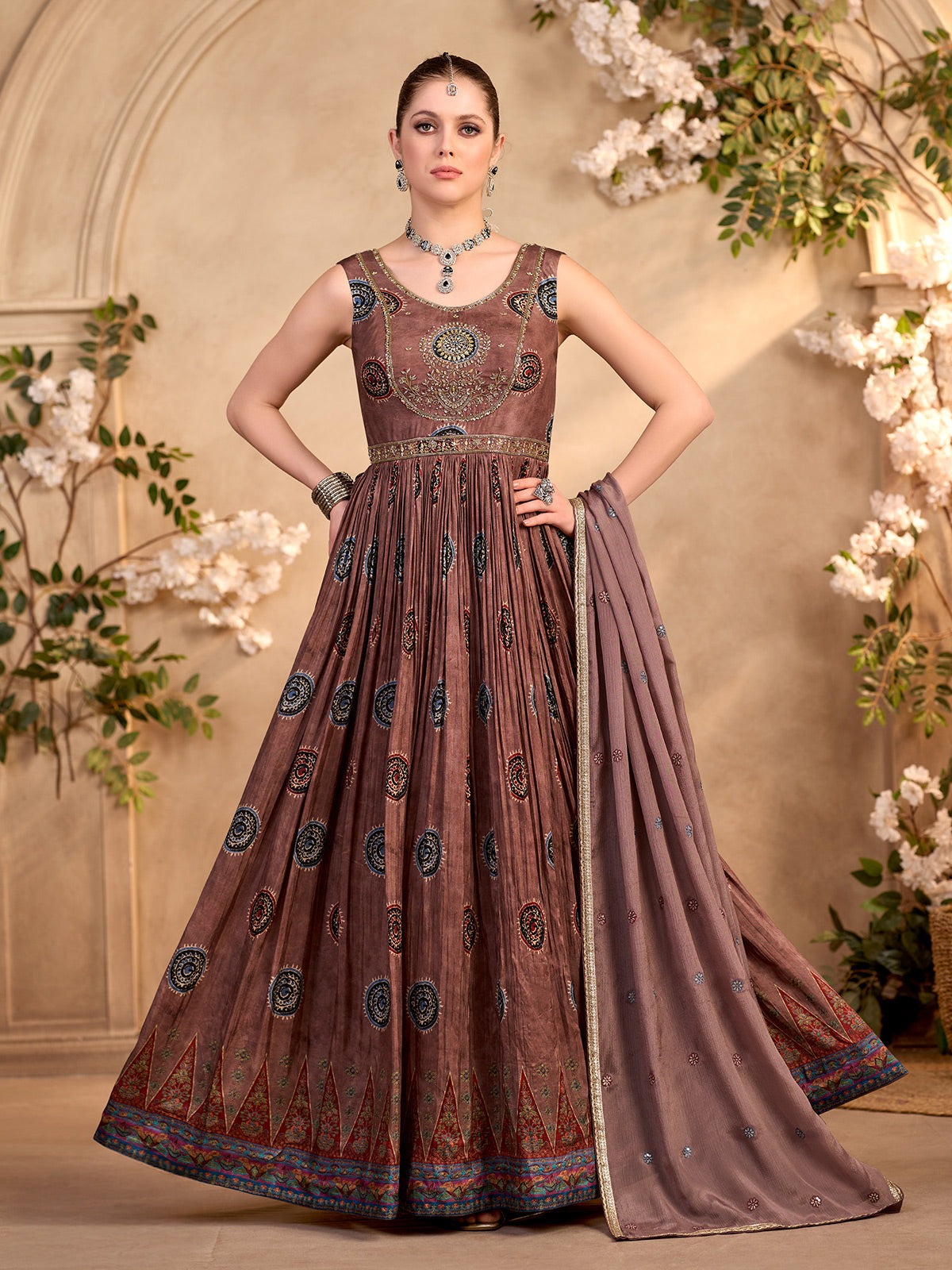 Brown silk anarkali suit with diamond embellishments