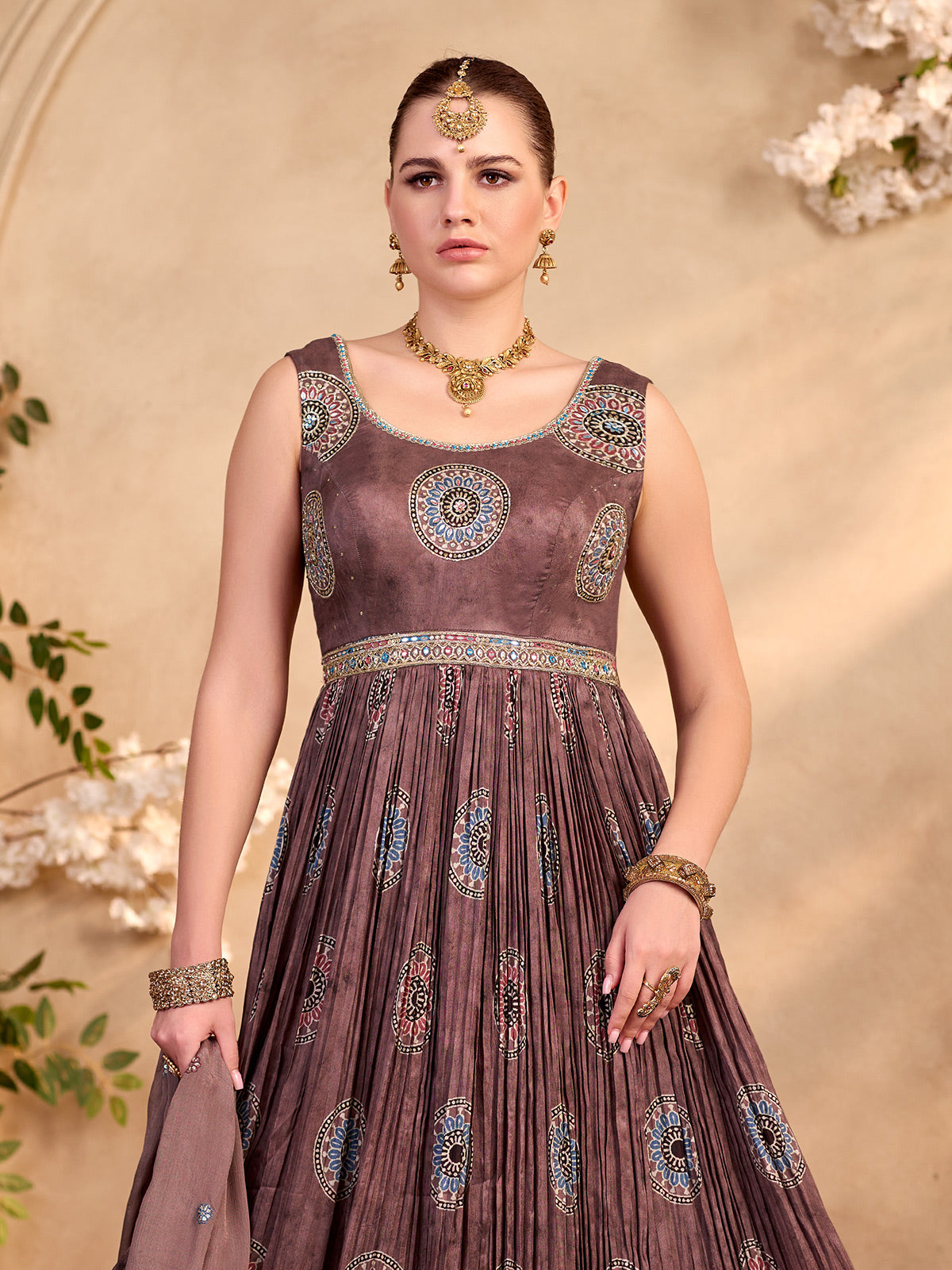 Pastel brown silk anarkali suit with printed elegance