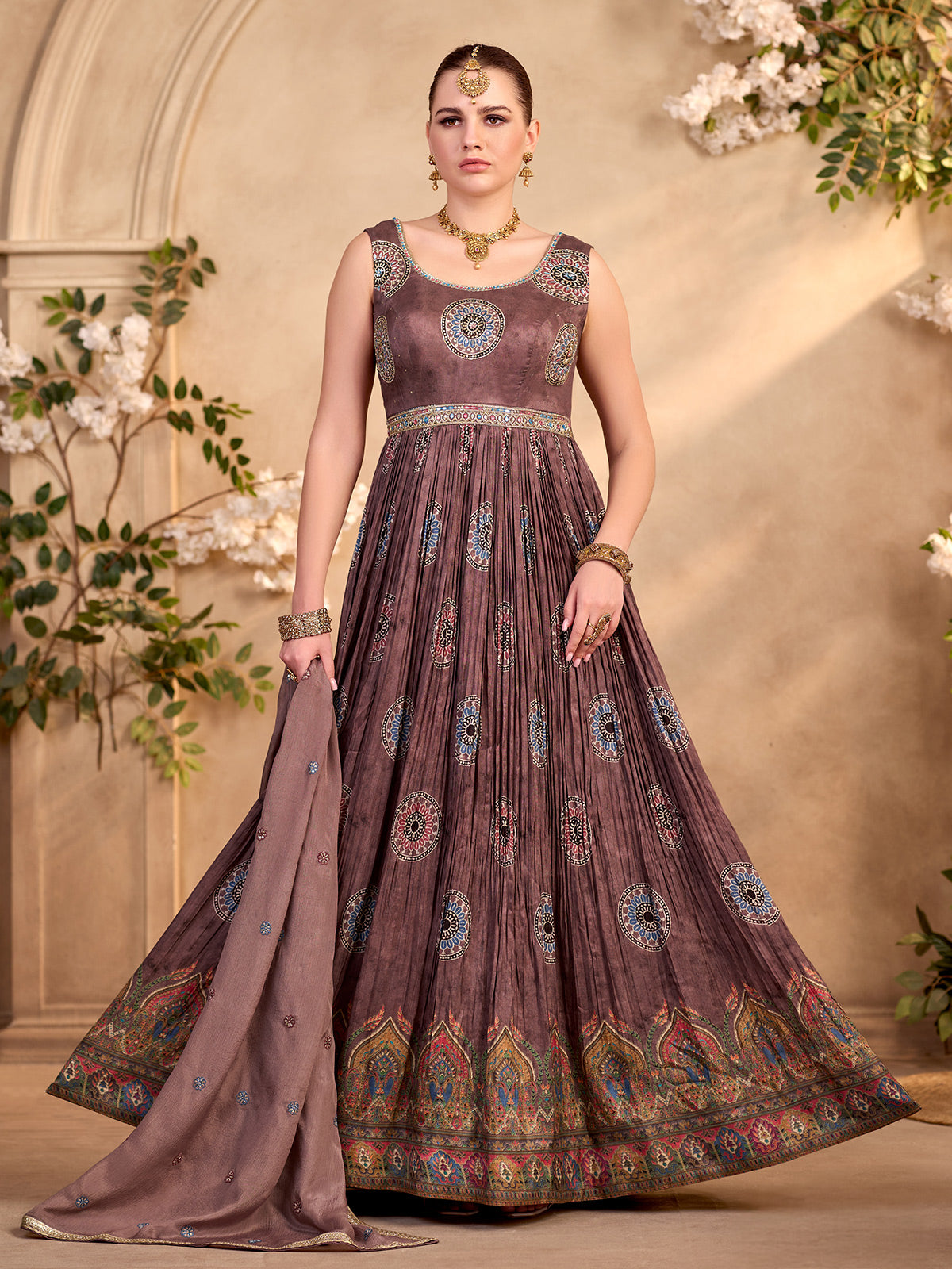 Pastel brown silk anarkali suit with printed elegance