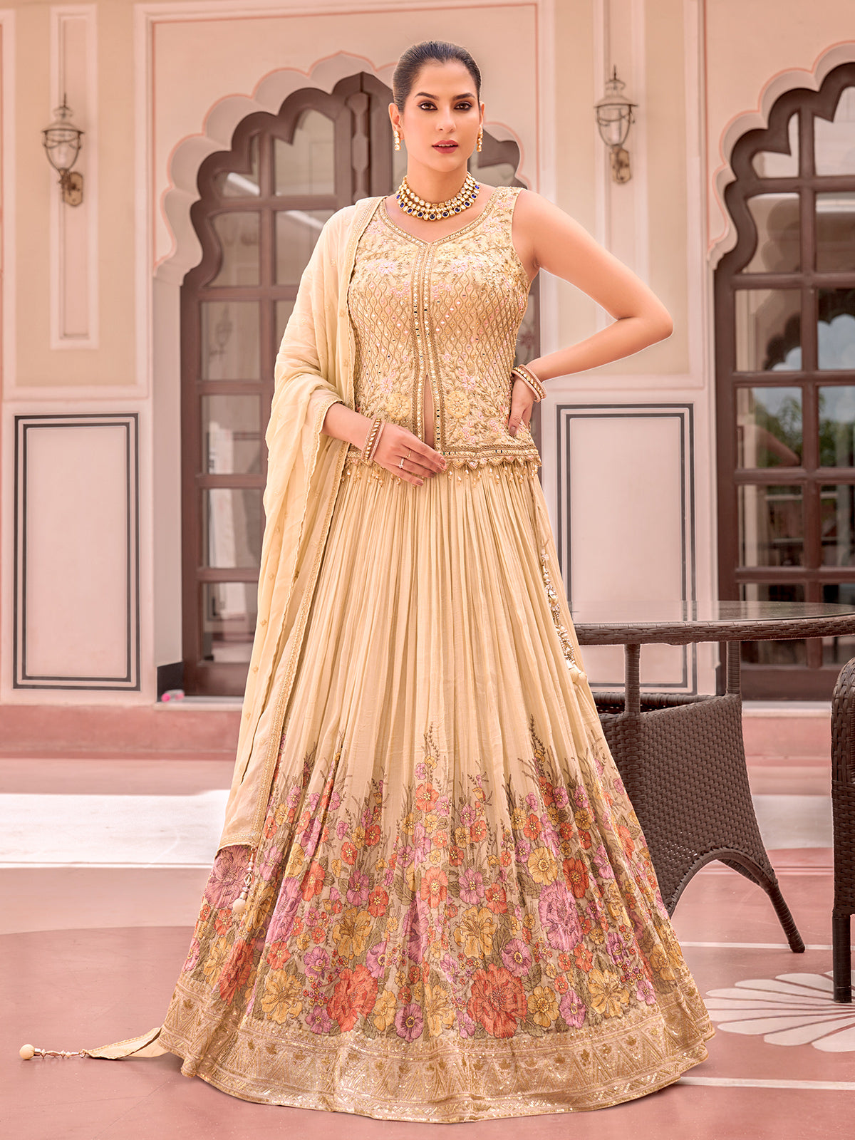 Cream silk lehenga choli with floral print detailing