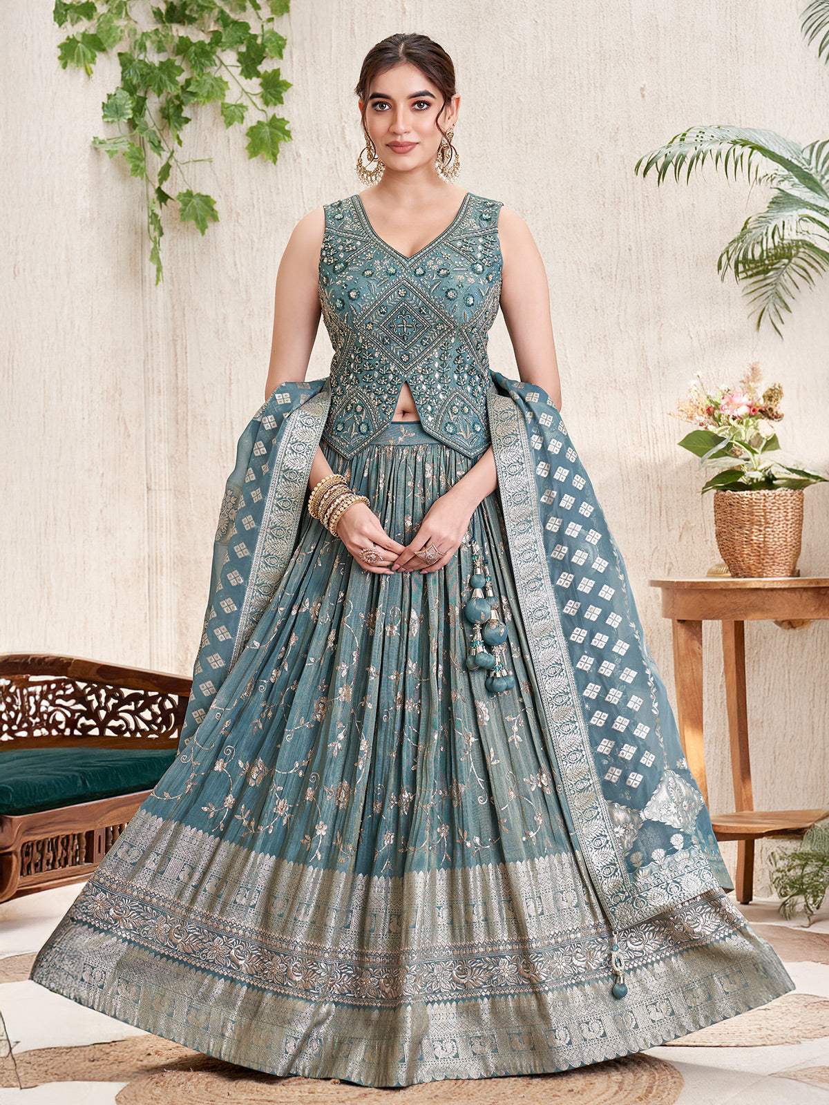 Stone grey silk lehenga choli with zari embellishment