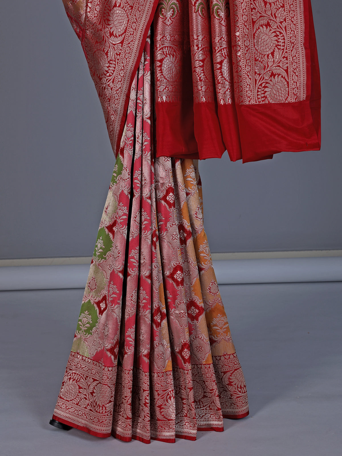 Red banarasi silk saree with floral zari work elegance