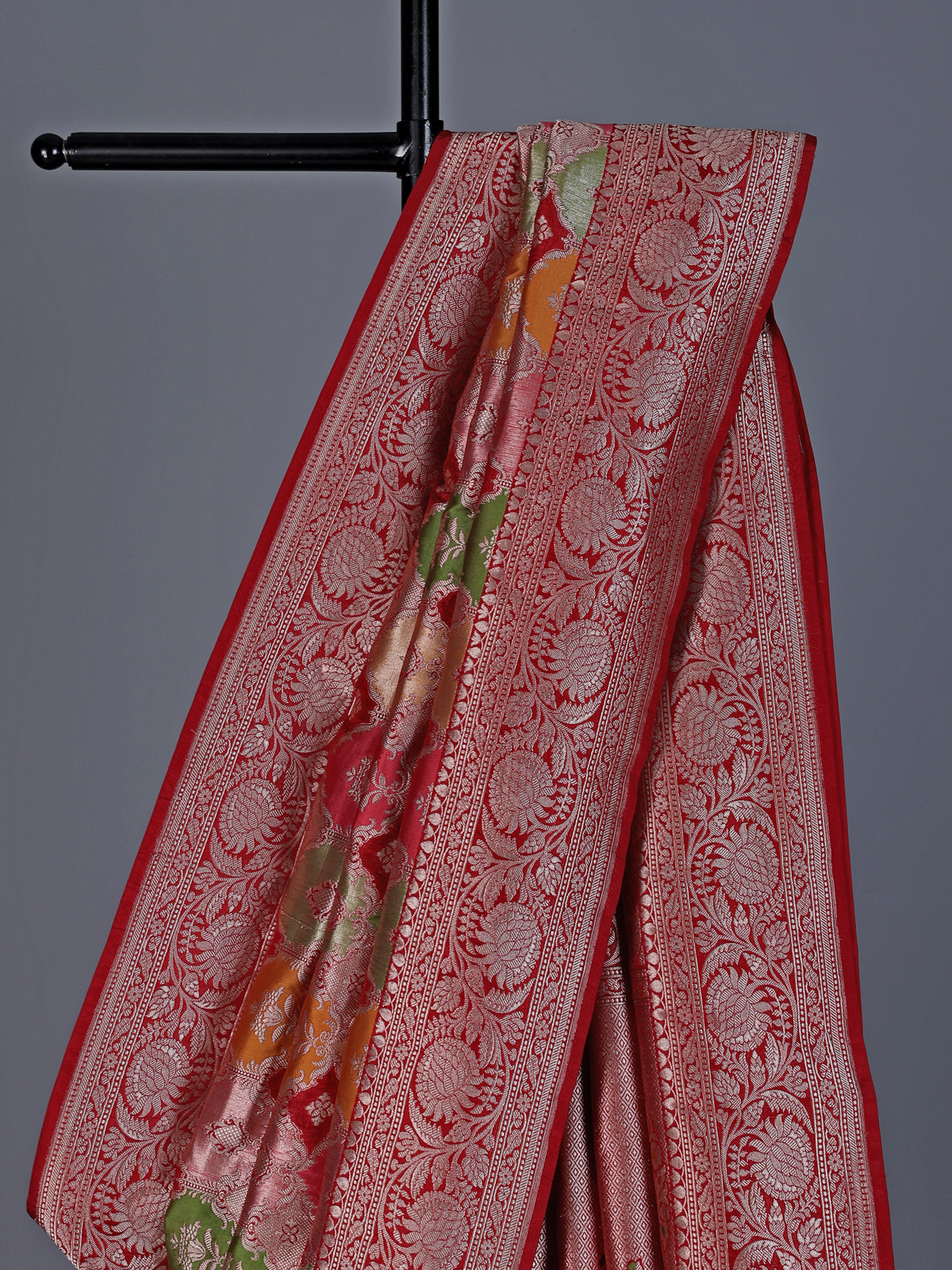 Red banarasi silk saree with floral zari work elegance