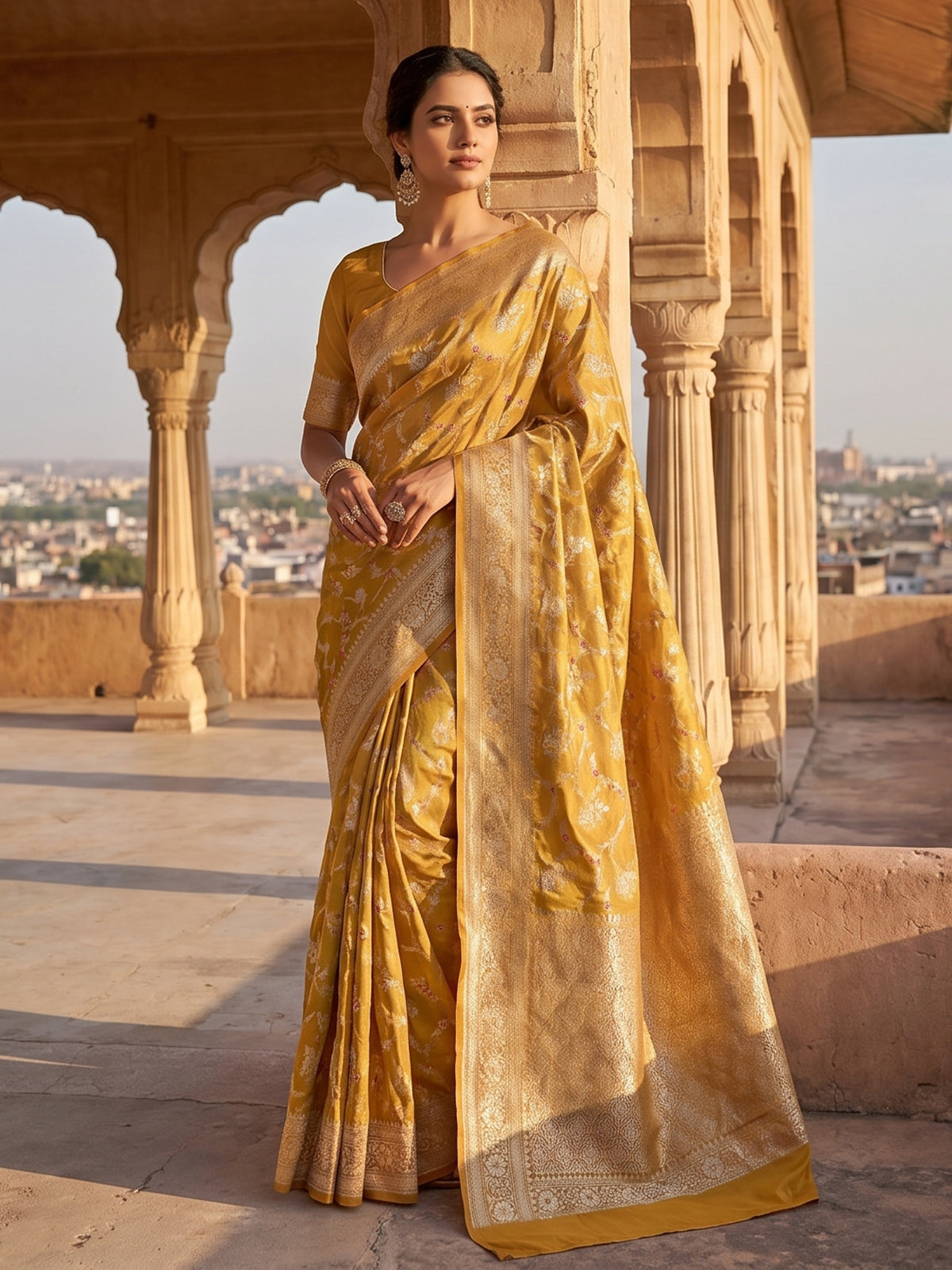 Dusty yellow banarasi silk saree with floral zari design