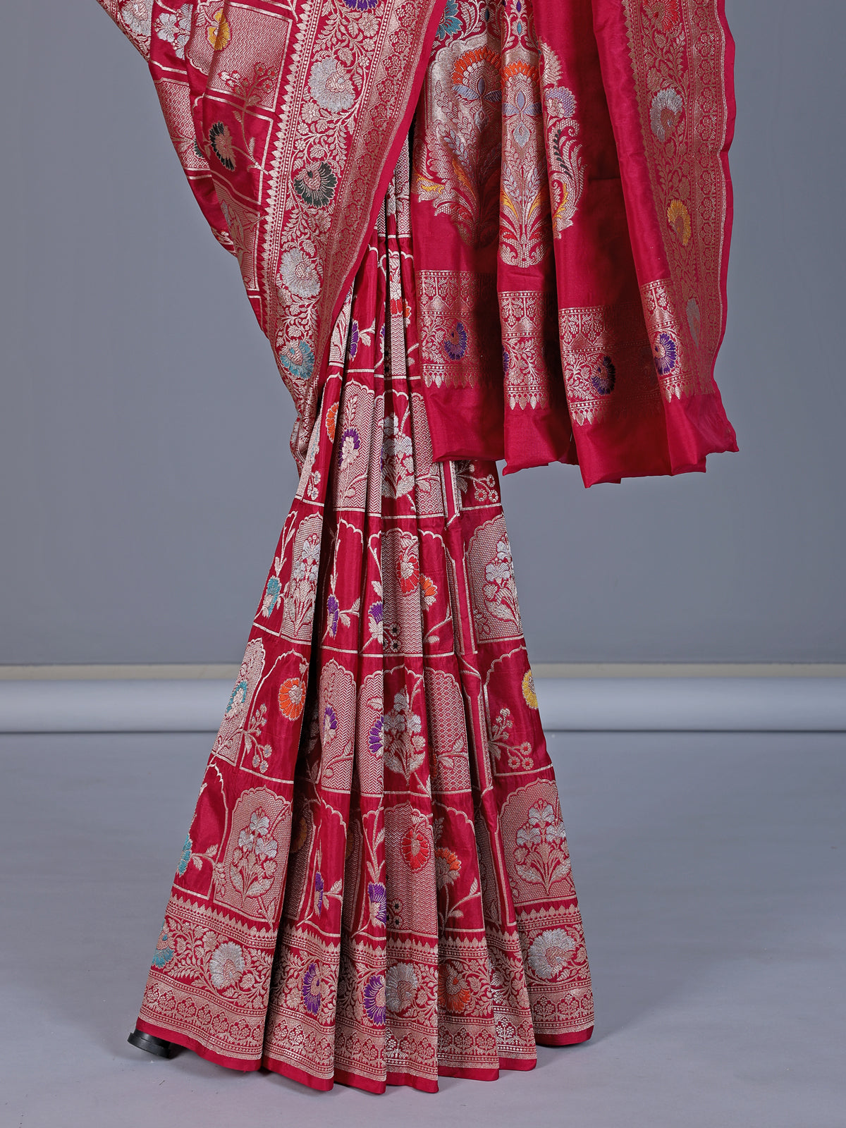Maroon banarasi silk saree with floral zari work richness