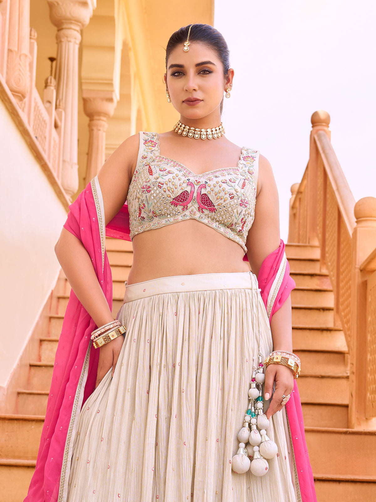 Off white chiffon lehenga choli with animal motifs