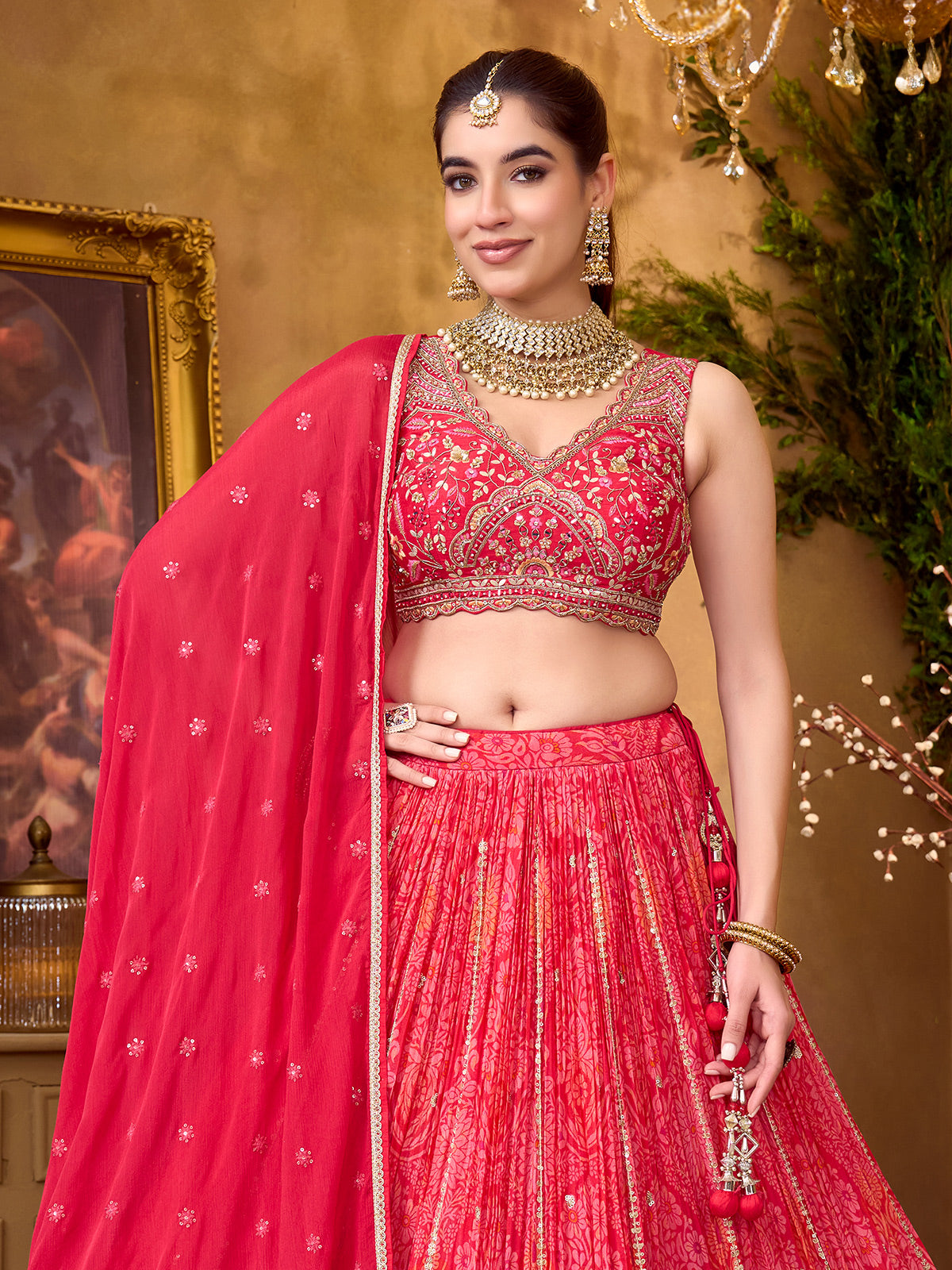 Red silk lehenga choli with floral embellished elegance