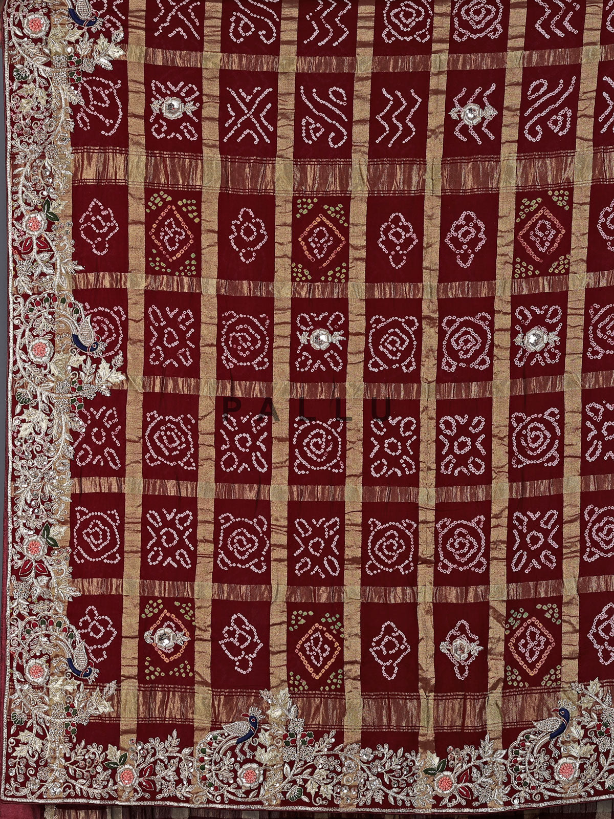 Maroon pure cotton gharchola saree saree with peacock art and bandhej patterns