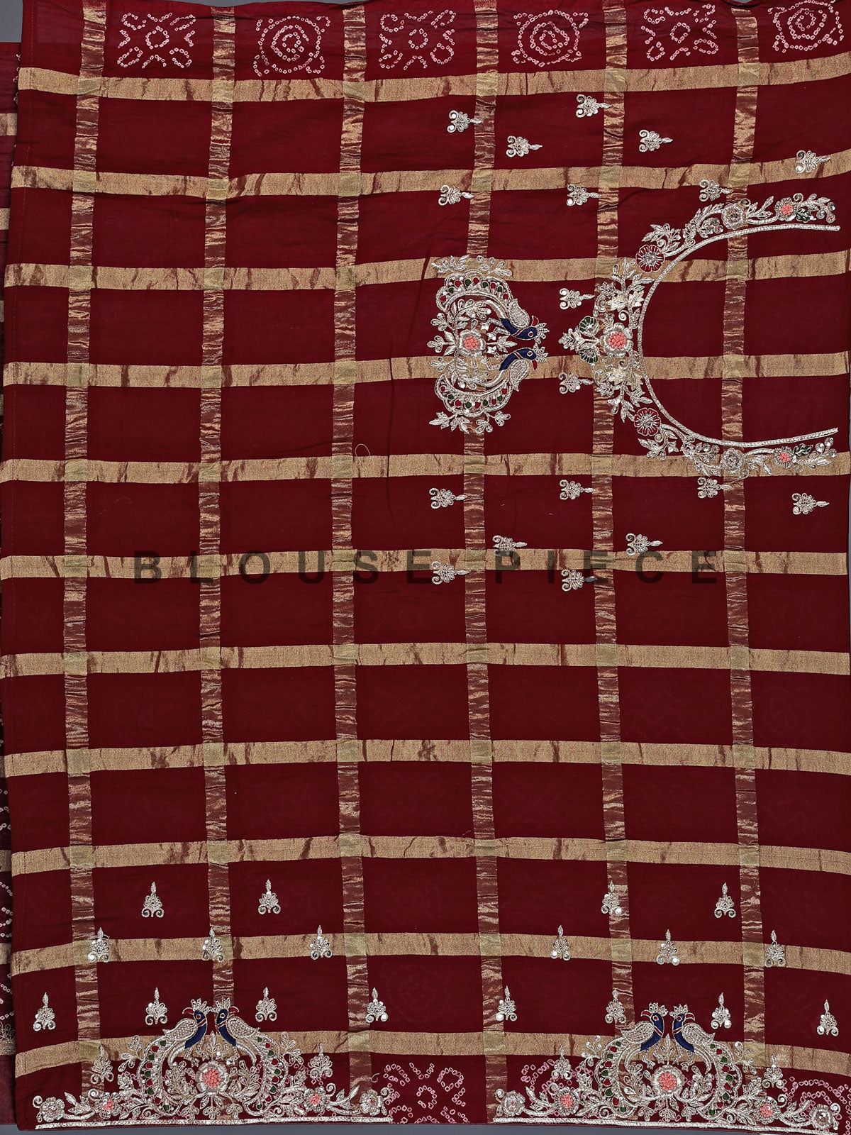 Maroon pure cotton gharchola saree saree with peacock art and bandhej patterns