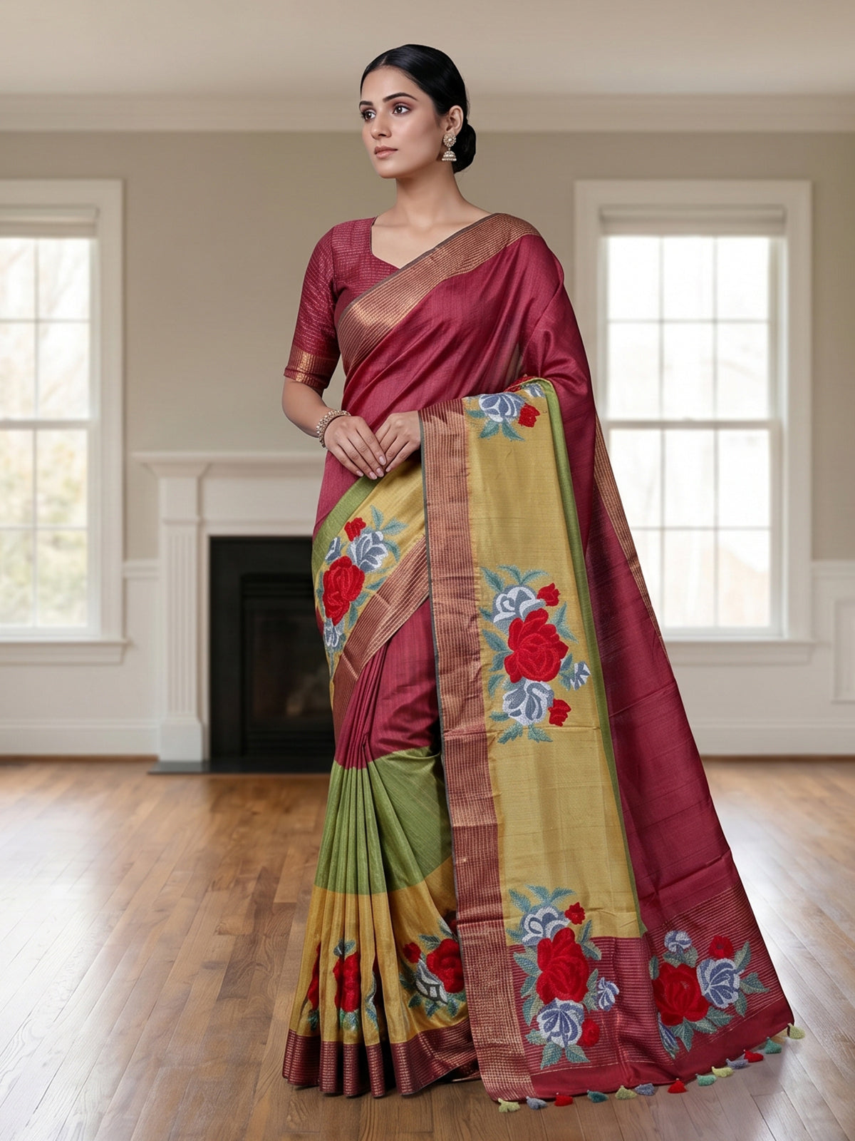 Vibrant multicolor dola silk saree with floral and zari highlights
