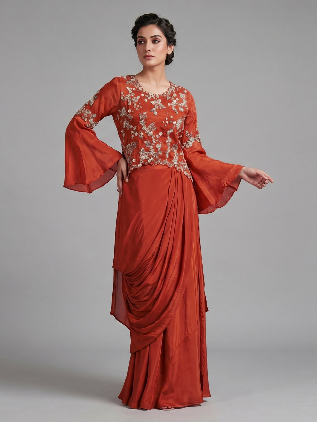 Orange crepe silk indowestern suit with detailed work